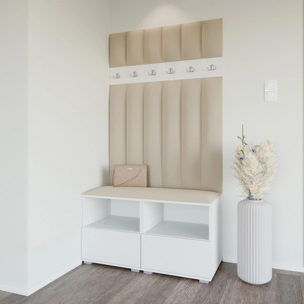 GEPOLSTERT Garderoben-Set Nela III LUX (Farbe Weiß + Stoff Trinity 04) - Beige/Silberfarben, Holz/Holzwerkstoff (100/187/40cm) - Ravio