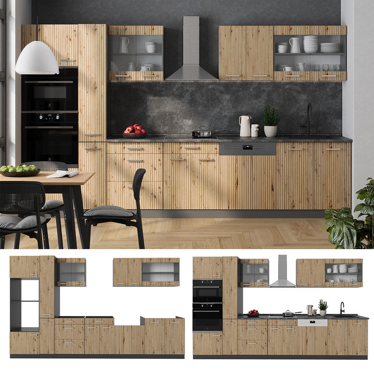 KÜCHENZEILE R-Line Artisan-Eiche/Goldkraft Eiche 350 cm mit Hochschrank ohne AP - Eiche Wotan/Eiche Artisan, Holzwerkstoff (350/81.6/46cm) - Vicco