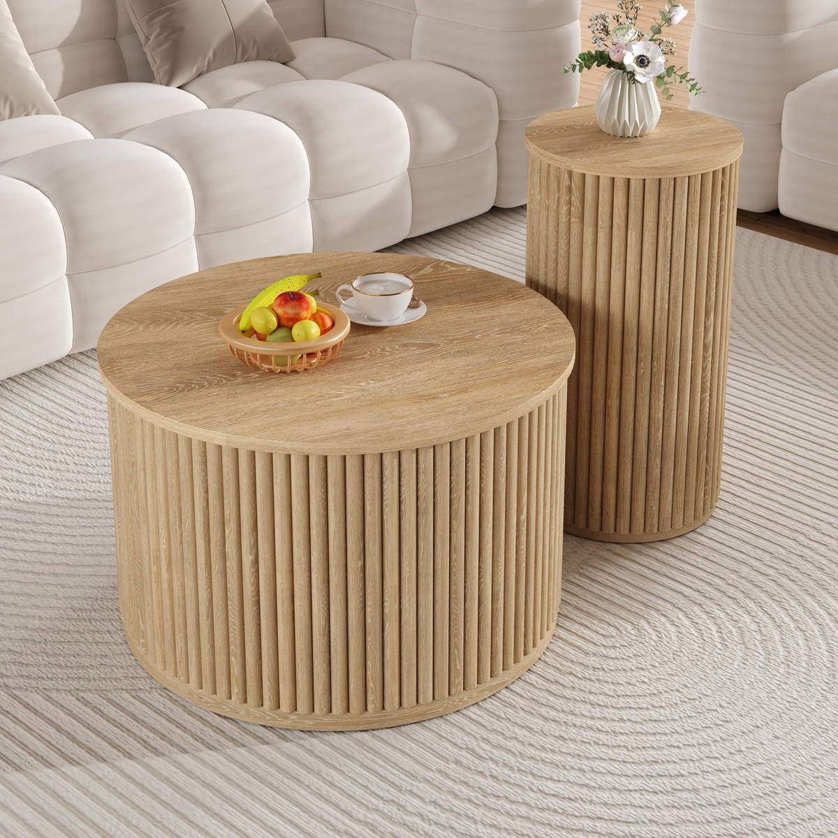 COUCHTISCH Set rund 60/38,5 cm Natur MDF mit 3D-Streifenmuster - Naturfarben, Holzwerkstoff (60/60/38.5cm) - OKWISH