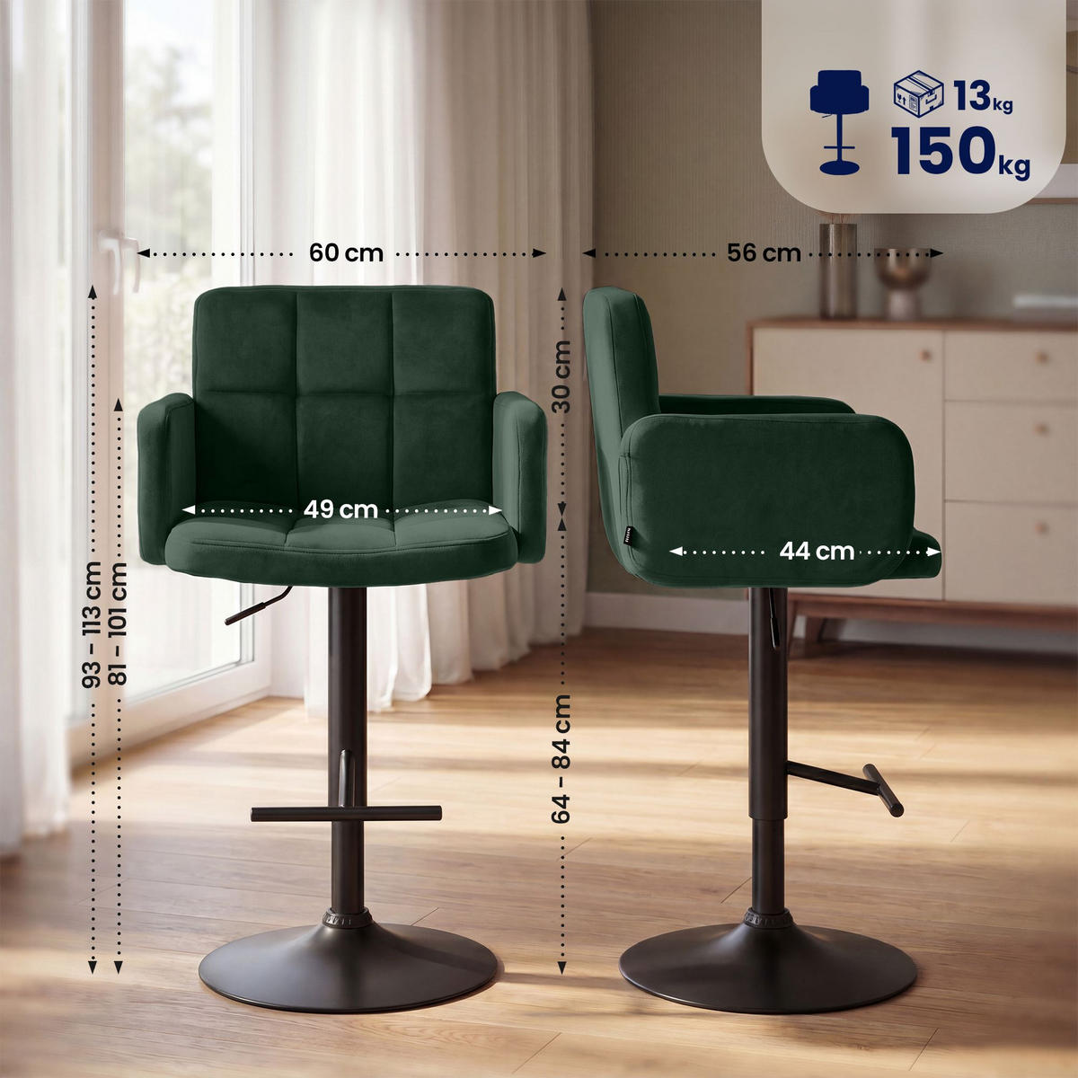 BARHOCKER 2 Samt Dunkelgrün - Dunkelgrün/Schwarz, Textil/Metall (60/93/56cm) - CLP