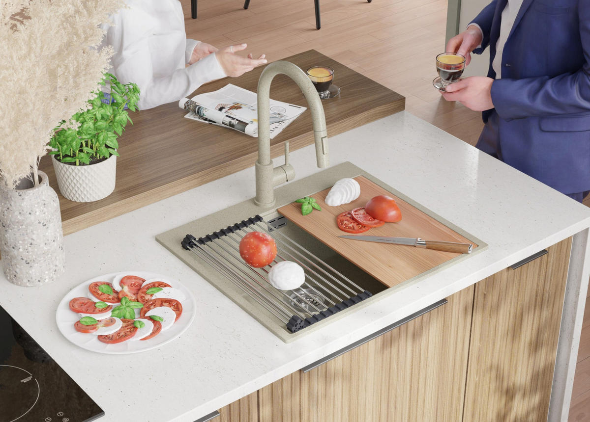 GRANITSPÜLE Oslo, 2-er set Beige 58/50 cm 1 Becken + Küchenarmatur 40/20 cm + Ablauf-Set + Schneidebrett ab 60er Unterschrank - Chromfarben/Beige, Kunststoff (58/20/50cm) - Primagran