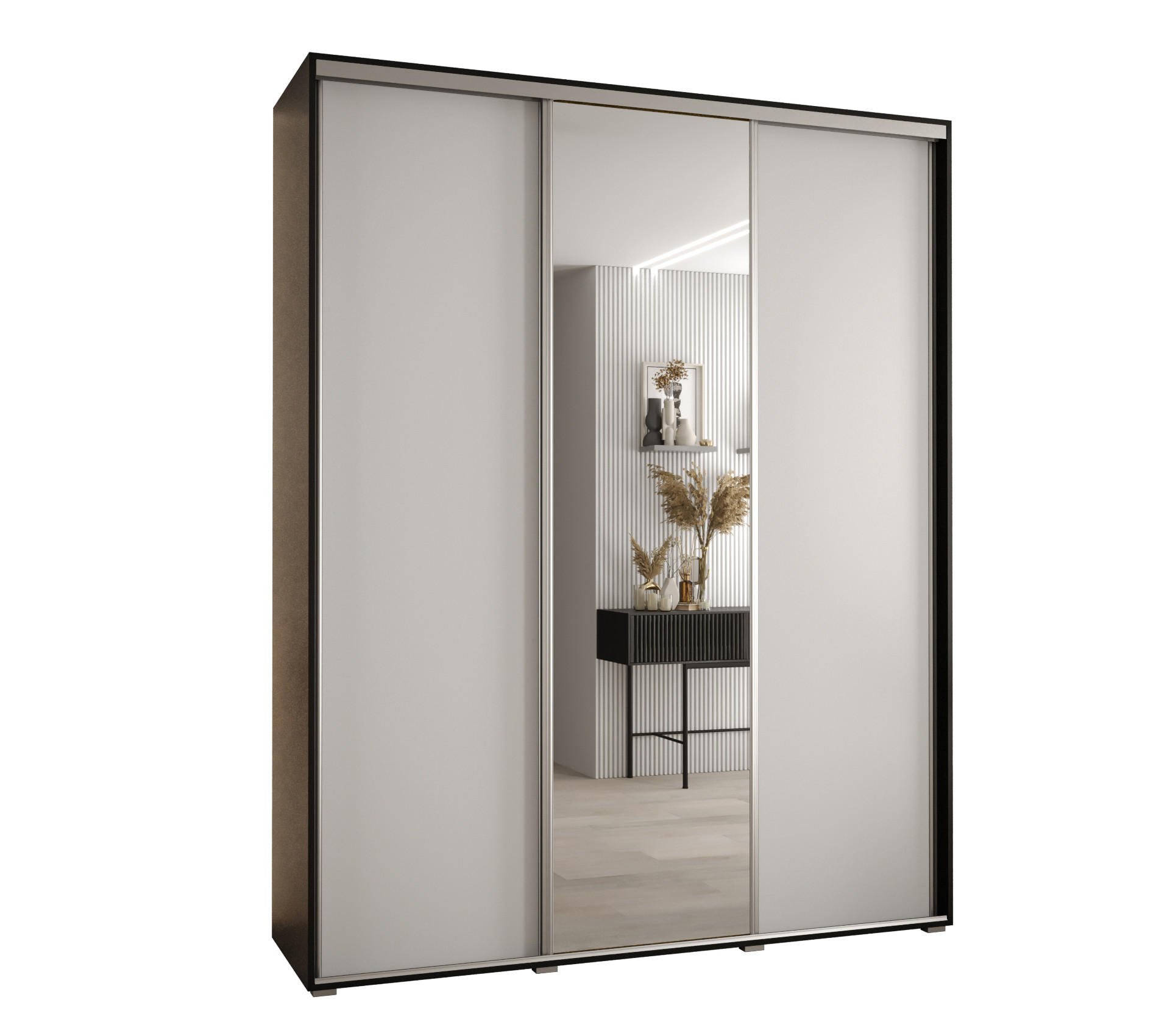 Abiks Möbel Schwebetürenschrank Schwarz, Weiß, Silber 190x235x45 cm