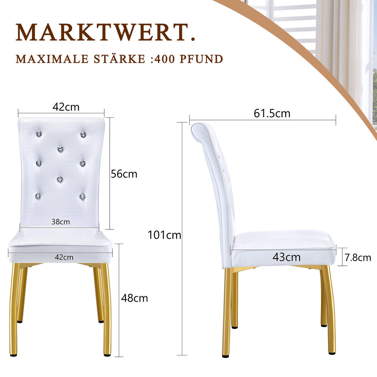 STUHL-SET DE-36774 2 Stück mit Krokodil-Prägung und vergoldeten Metallbeinen Schwarz - Weiß, Metall (42/101/61.5cm) - ComfortXL