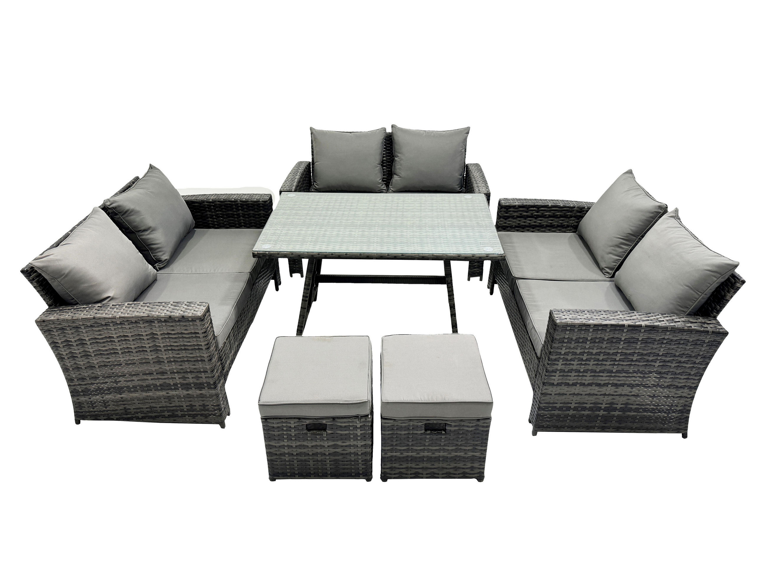 GARTENMÖBELSET mit ESSTISCH,HOCHLEHNER-SOFA Polyrattan Dunkelgrauer Mix 8-Sitzer - Dunkelgrau/Grau, Glas/Kunststoff - Fimous