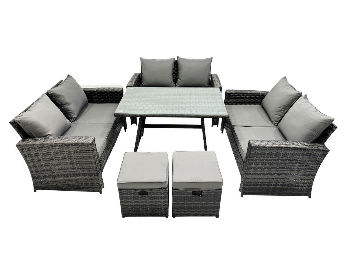 GARTENMÖBELSET mit ESSTISCH,HOCHLEHNER-SOFA Polyrattan Dunkelgrauer Mix 8-Sitzer - Dunkelgrau/Grau, Glas/Kunststoff - Fimous