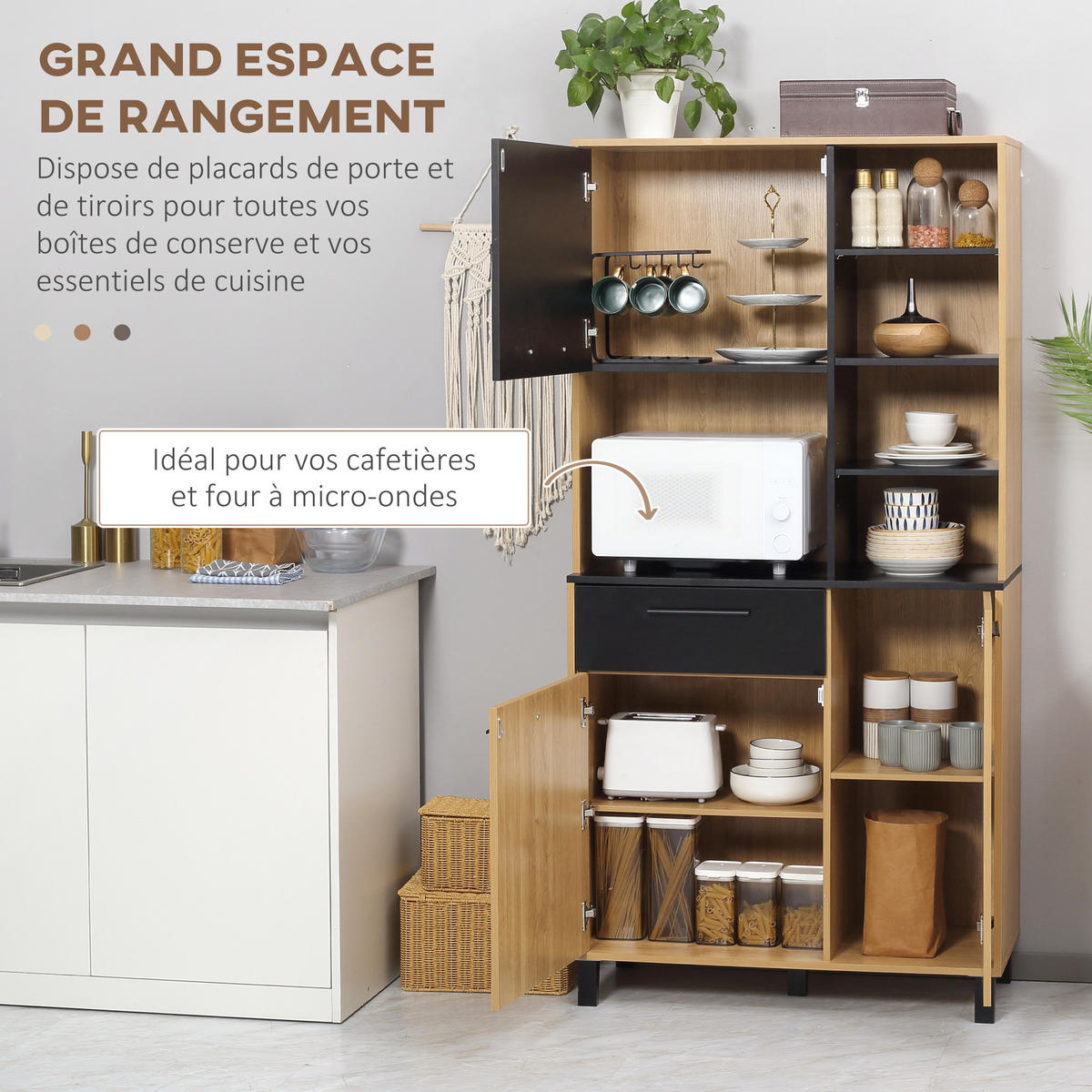 BUFFET DE-11033 3 Türen Schwarz/Naturholz - Naturfarben, Holzwerkstoff (40/180/90cm) - ComfortXL