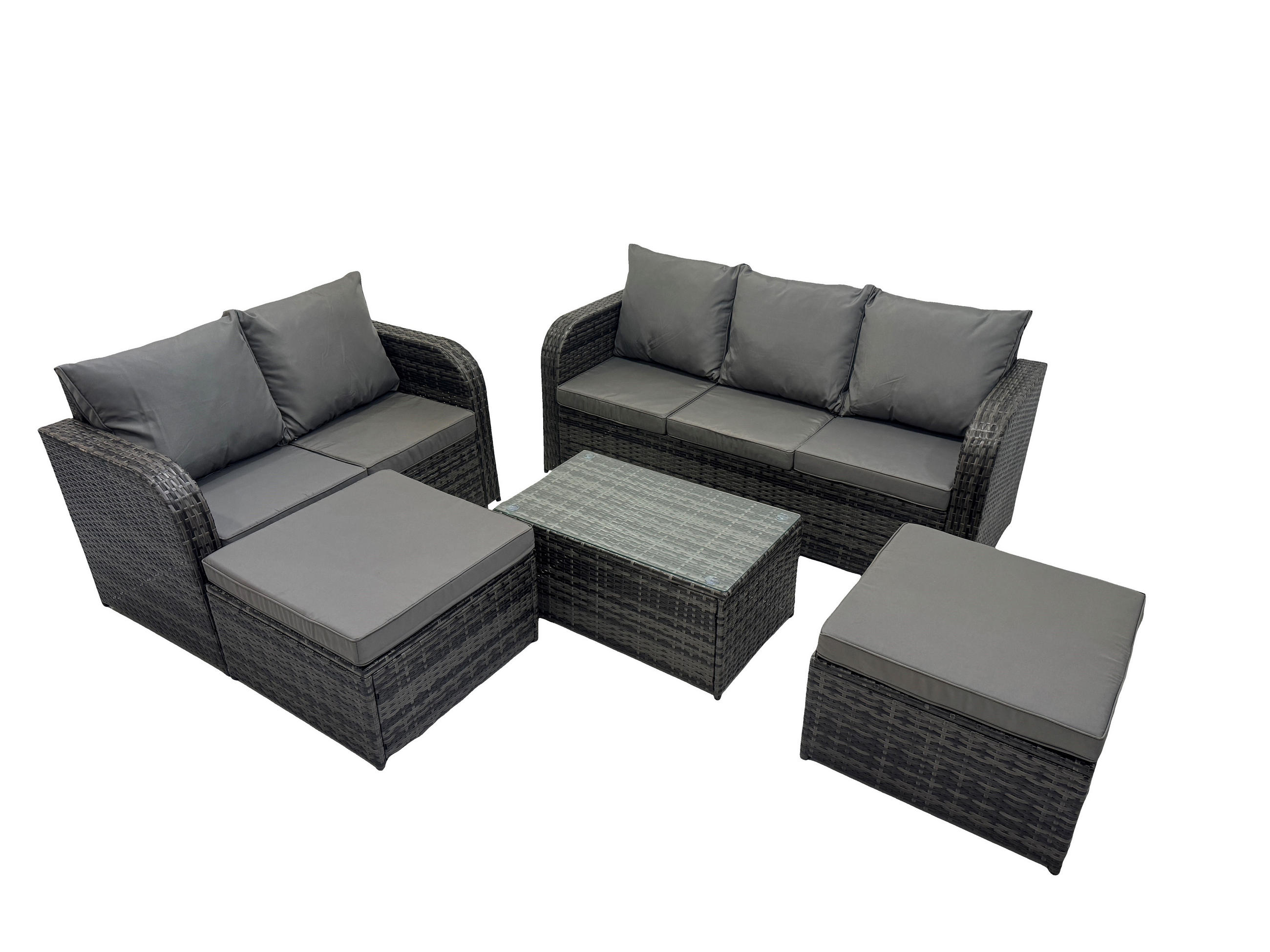 GARTENMÖBELSET mit Couchtisch Polyrattan 7-Sitzer - Dunkelgrau/Grau, Glas/Kunststoff - Fimous