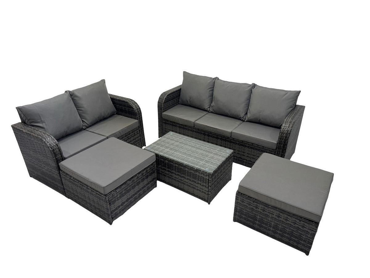 GARTENMÖBELSET mit Couchtisch Polyrattan 7-Sitzer - Dunkelgrau/Grau, Glas/Kunststoff - Fimous
