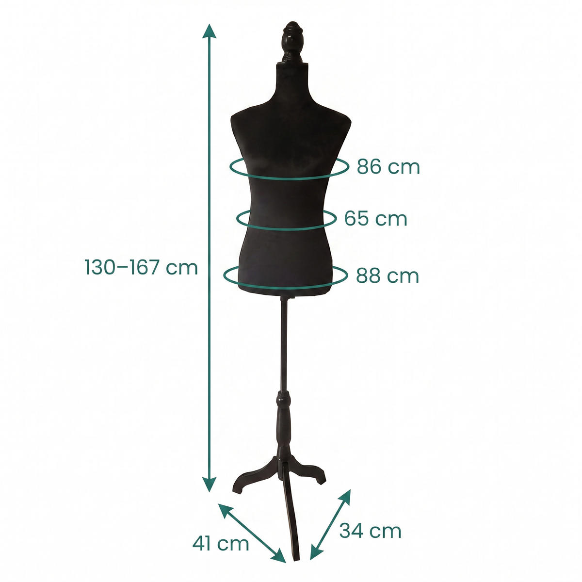 SCHNEIDERPUPPE Schwarz höhenverstellbar - Schwarz, Holz/Kunststoff (41/167/34cm) - Relaxdays