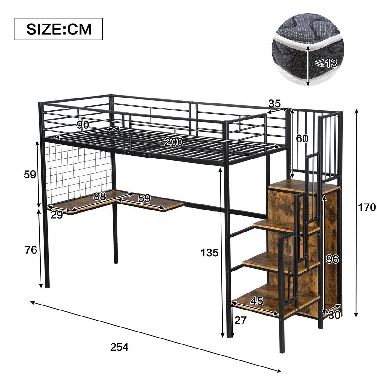HOCHBETT 90/200 cm aus Metall mit Kleiderschrank und Tisch in Schwarz/Walnuss - Schwarz, Holzwerkstoff (90/200cm) - Flora Grace