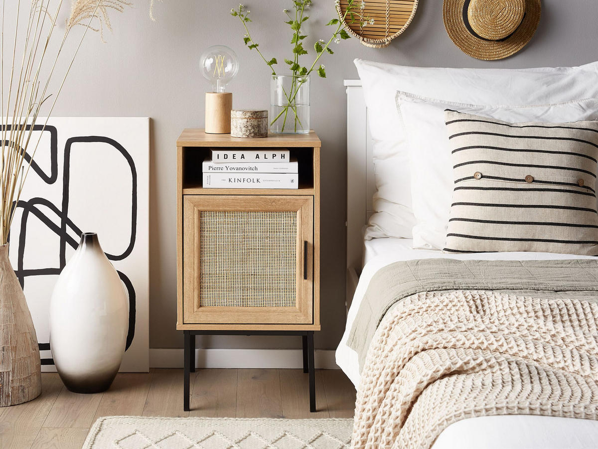 NACHTTISCH Rattan heller Holzfarbton Pasco - Hellbraun/Schwarz, Holzwerkstoff (40/78/40cm) - Beliani
