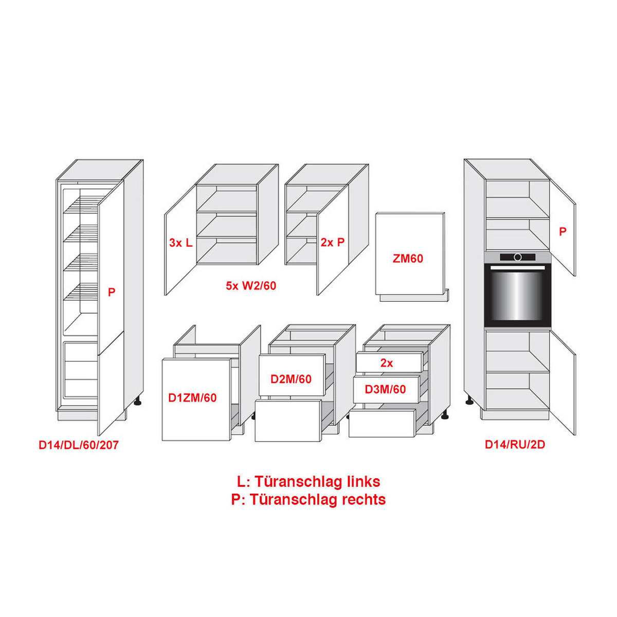 KÜCHENLEERBLOCK Napoli weiß matt / RAL 9016 verkehrsweiß (K5) 420 / 59 / 207cm 12-teilig - Weiß, Holzwerkstoff (420/207/60cm) - Feldmann-Wohnen