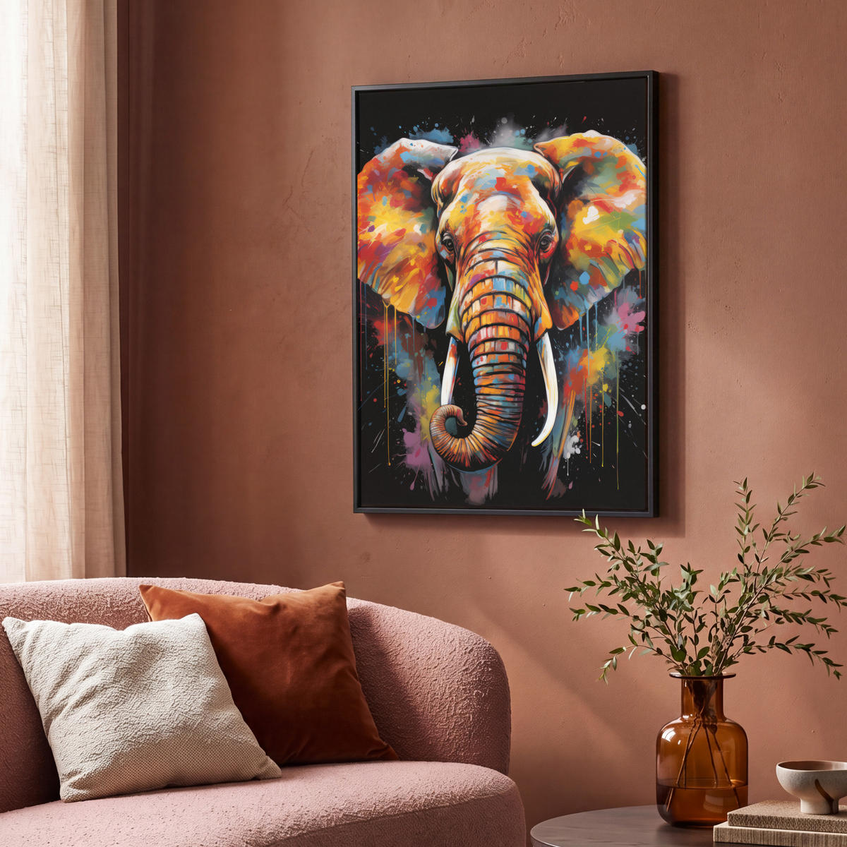 LEINWAND Bilder mit Rahmen - Elefant - Graffiti - Schwarz - Tiere - Farben - 70x100 - Schwarz, Textil (70/100cm) - MuchoWow