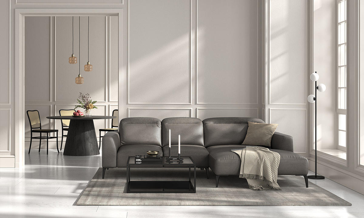 ECKSOFA mit Longchair - Schwarz/Grau, Leder/Metall (265/180cm) - home24