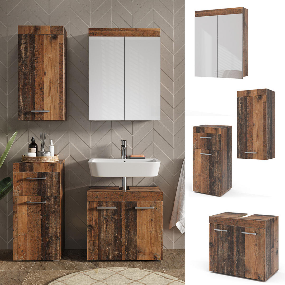 BADMÖBEL-SET Luna Oldstyle 4 Teile - Braun, Holzwerkstoff (60/56/34cm) - Vicco