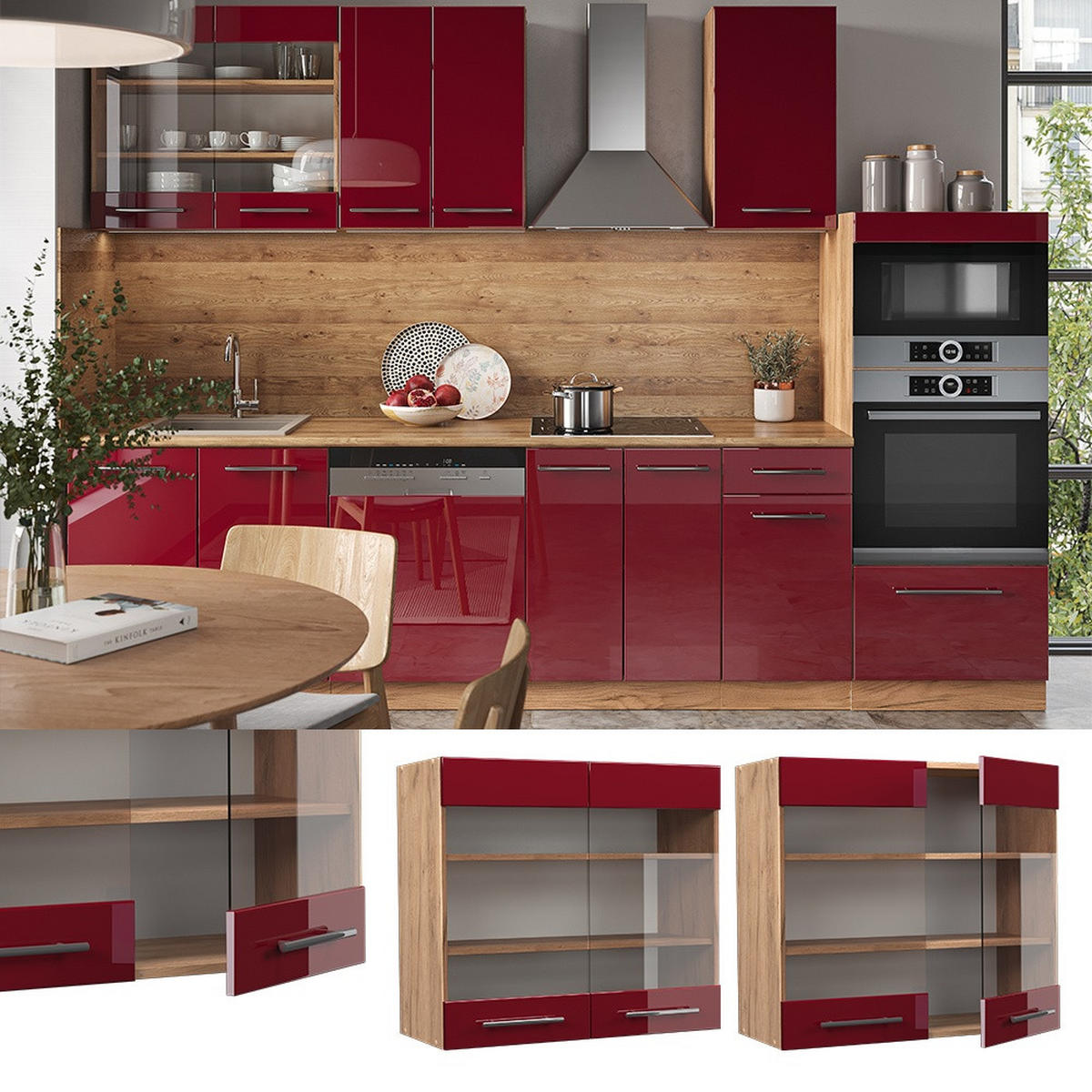 DULAP DIN STICLĂ DE BUCĂTĂRIE Fame-Line Bordeaux lucios ridicat 80 cm - stejar miere/bordo, compozit lemnos (80/72/34.1cm) - Vicco