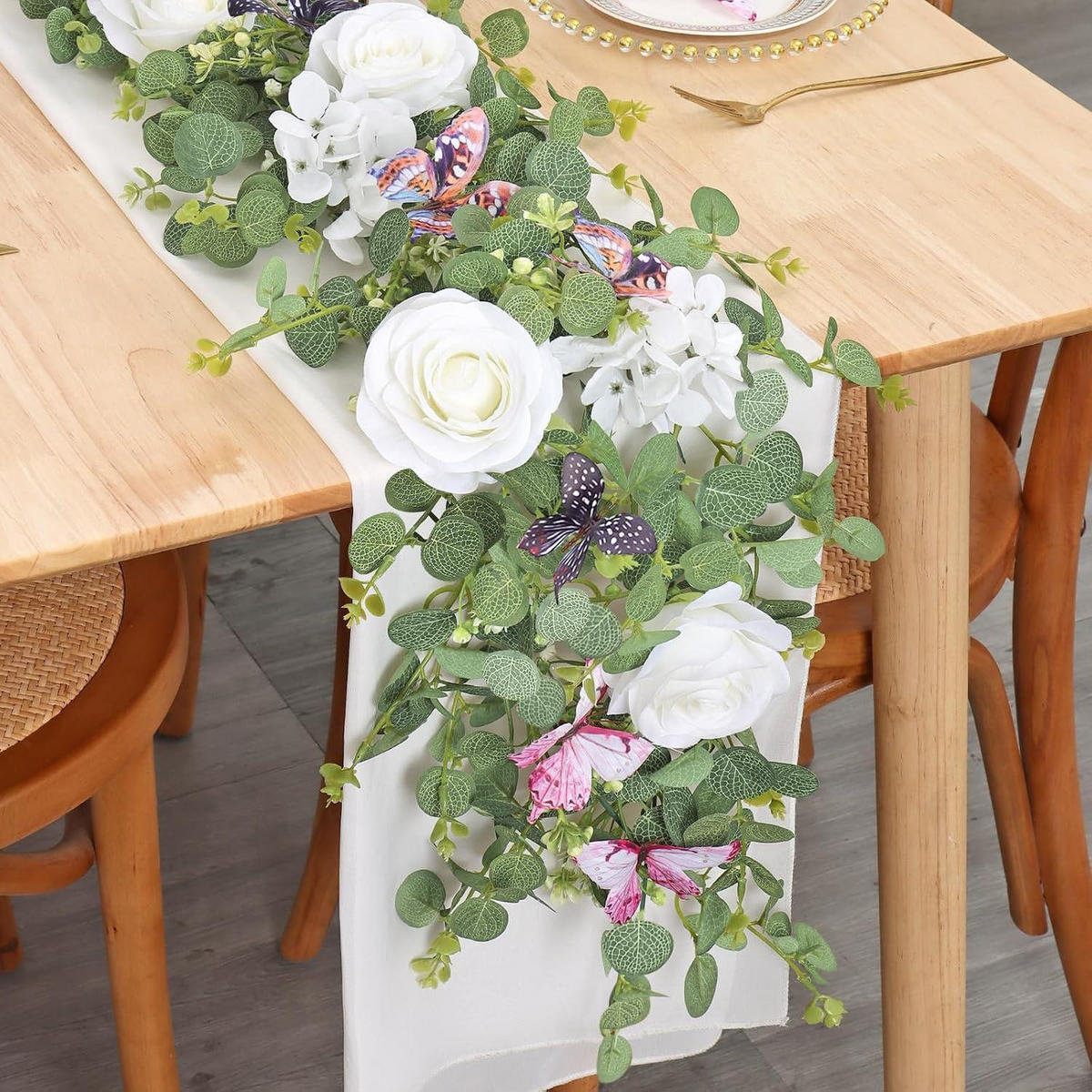 KÜNSTLICHE Blumengirlande 2-teiliges Set Eukalyptus mit Schmetterlingen und Rosen 1,8 m Grün - Multicolor, Kunststoff (1cm)