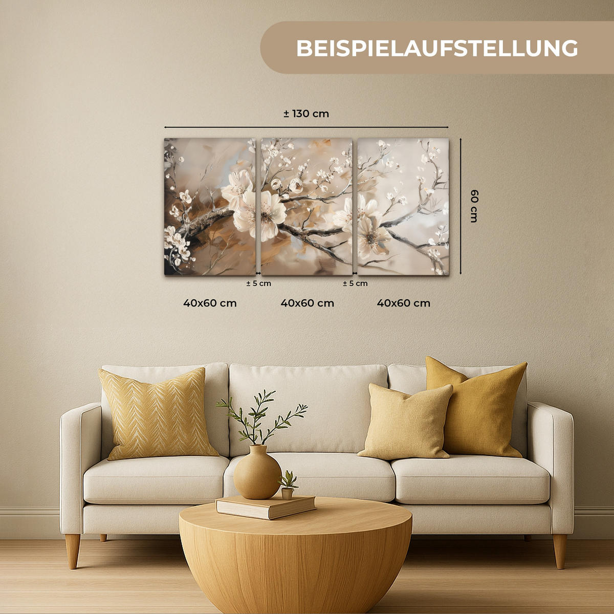 LEINWANDBILD 3er Set Blüte - Beige - Abstrakt - Blumen 120x60 cm - Hellbraun, Textil (120/60cm) - MuchoWow