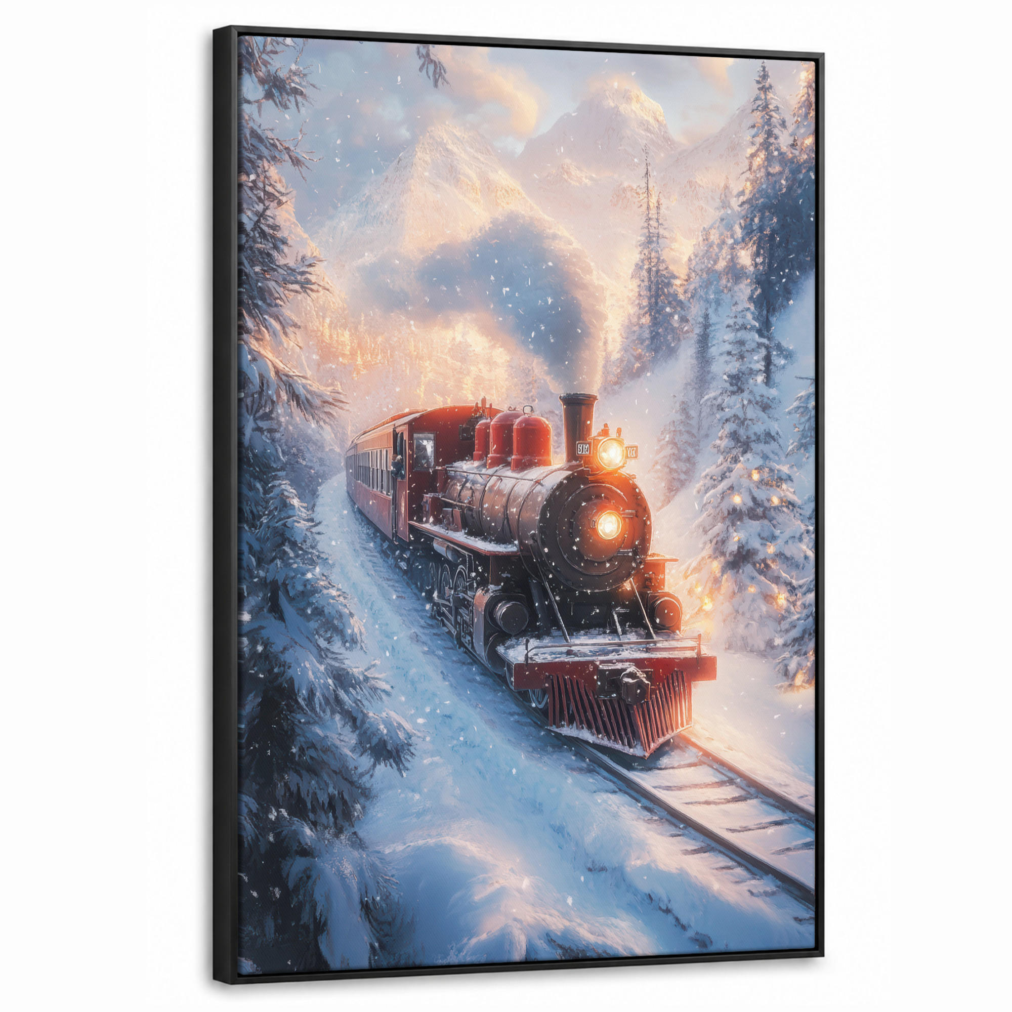 LEINWAND Bilder mit Rahmen - Weihnachtszug - Schnee - Winter - Weihnachten - 60x90 - Dunkelrot, Textil (60/90cm) - MuchoWow
