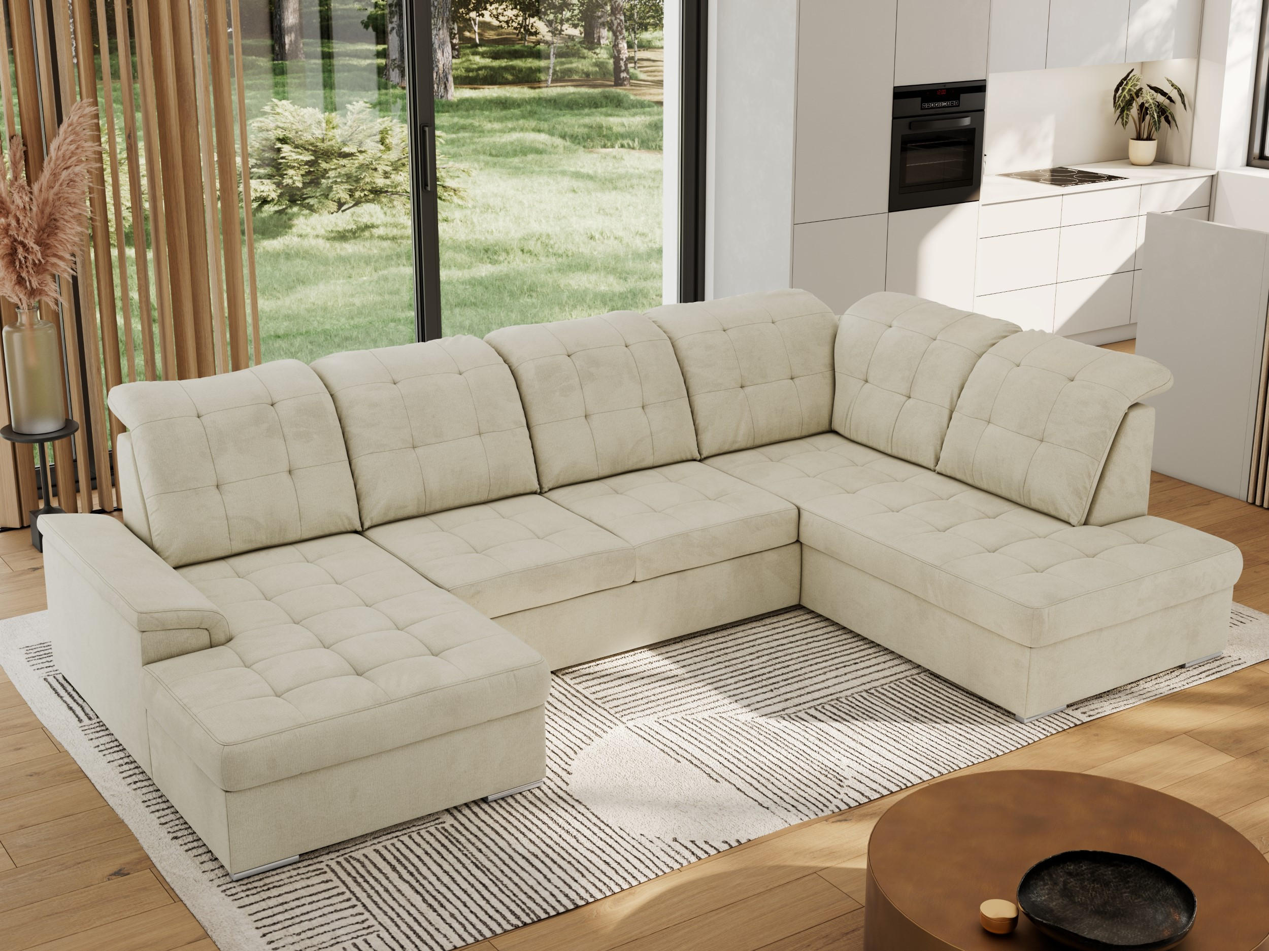 WOHNLANDSCHAFT MADRITO U - Beige Velorus - Rechts - Beige/Silberfarben, Textil/Metall (323/89/204cm) - MKS