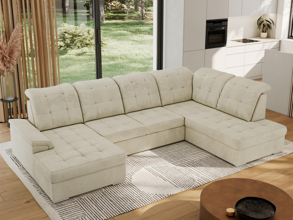 WOHNLANDSCHAFT MADRITO U - Beige Velorus - Rechts - Beige/Silberfarben, Textil/Metall (323/89/204cm) - MKS