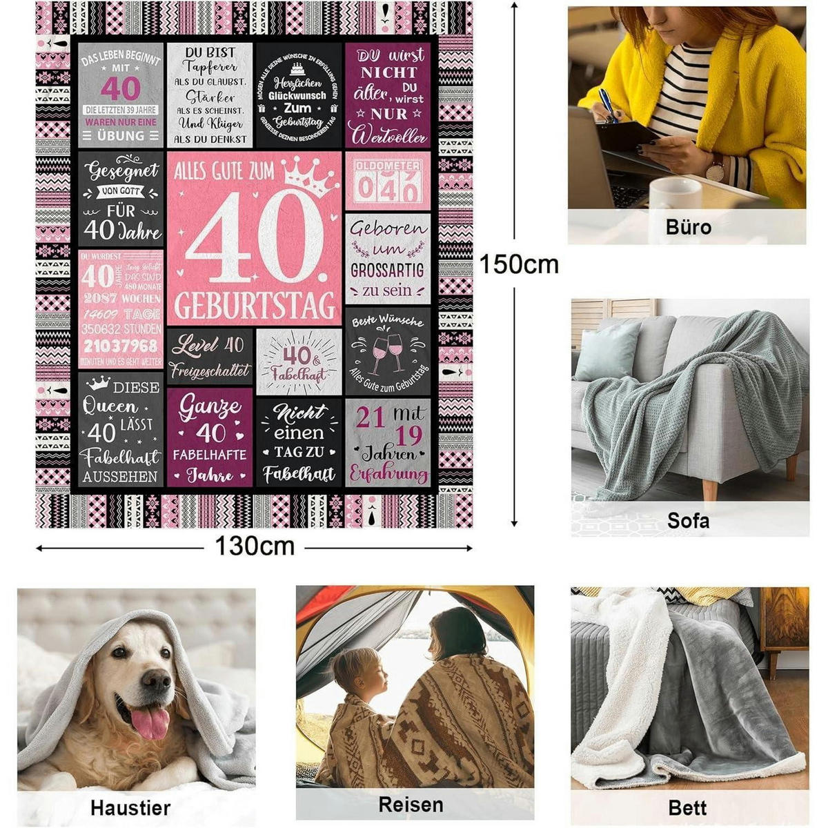 KUSCHELDECKE 40. Geburtstag 150 x 130 cm - Multicolor, Textil (130/150cm)