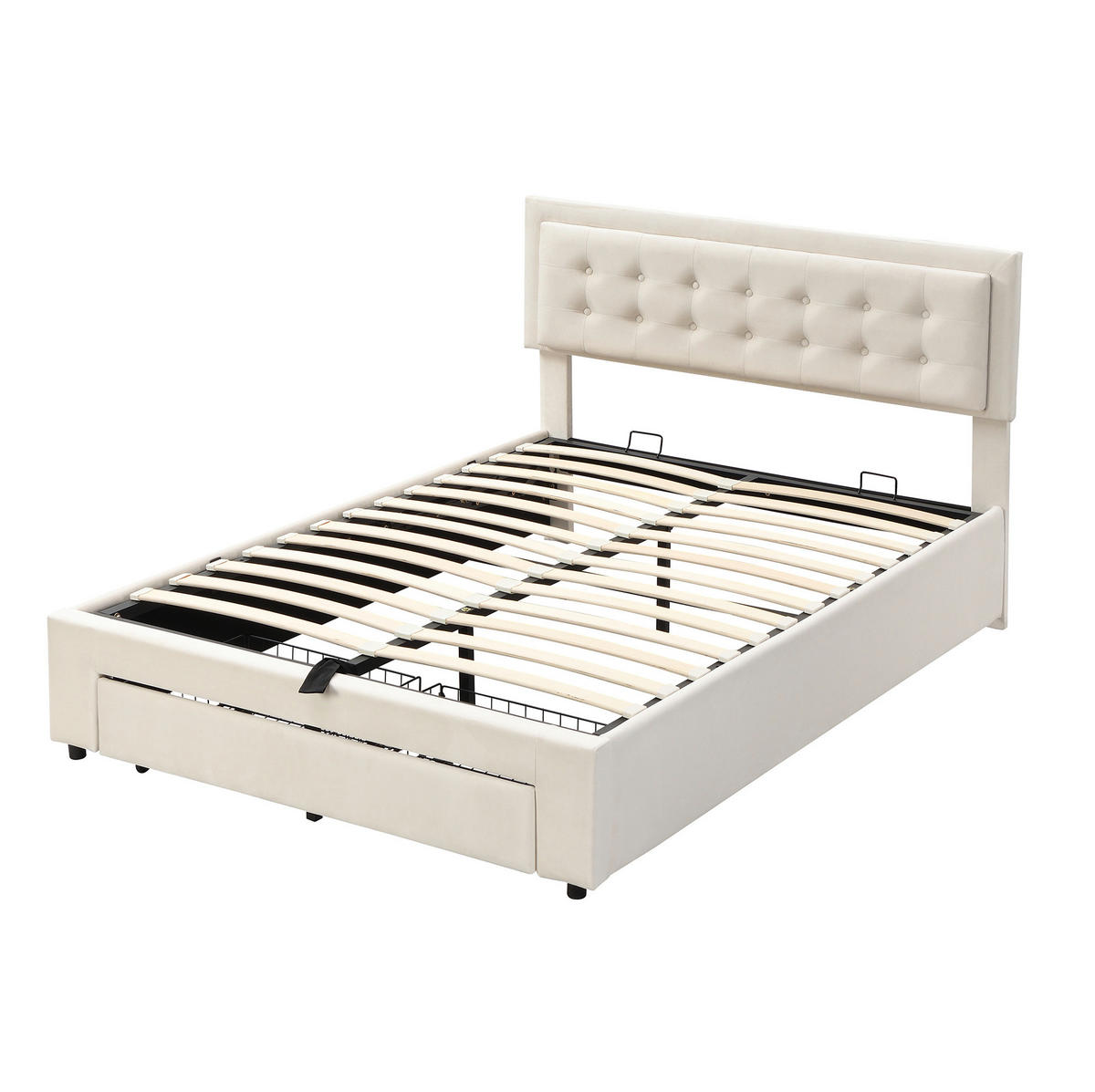POLSTERBETT 140/200 cm mit verstellbarem Kopfteil, hydraulischem Stauraum und 2 Schubladen, Samt Beige - Beige, Textil (140/200cm) - Redom