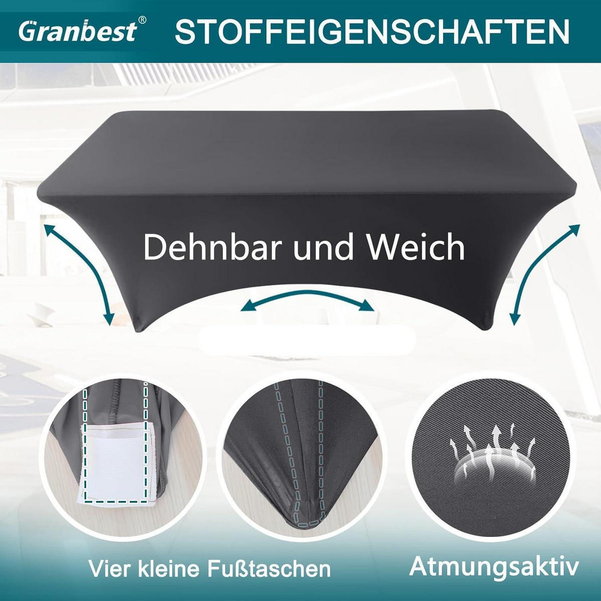 TISCHDECKE Spandex Grau 183 x 76 cm - Schwarz, Textil (183/76/1.5cm)