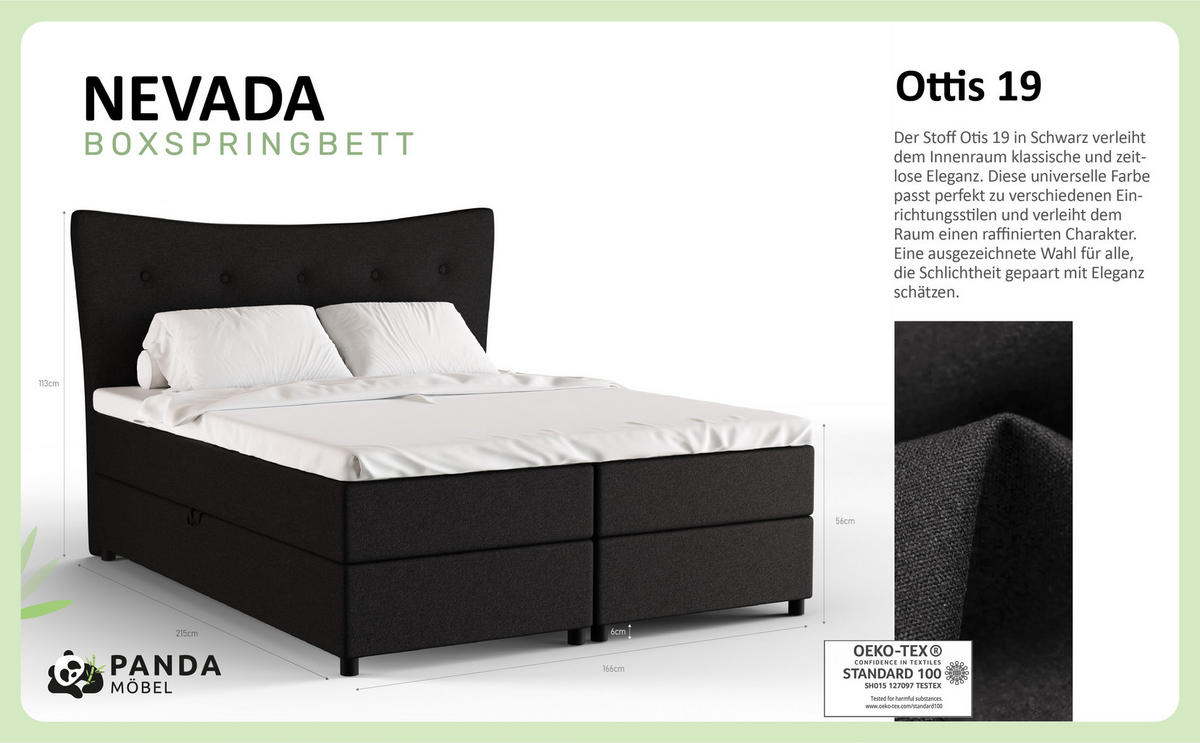 BOXBETT Nevada 160 x 200 cm Doppelbett mit hochwertiger Bonell-Matratze und Topper - schwarz - Schwarz, Holz (160/200cm) - Panda Möbel