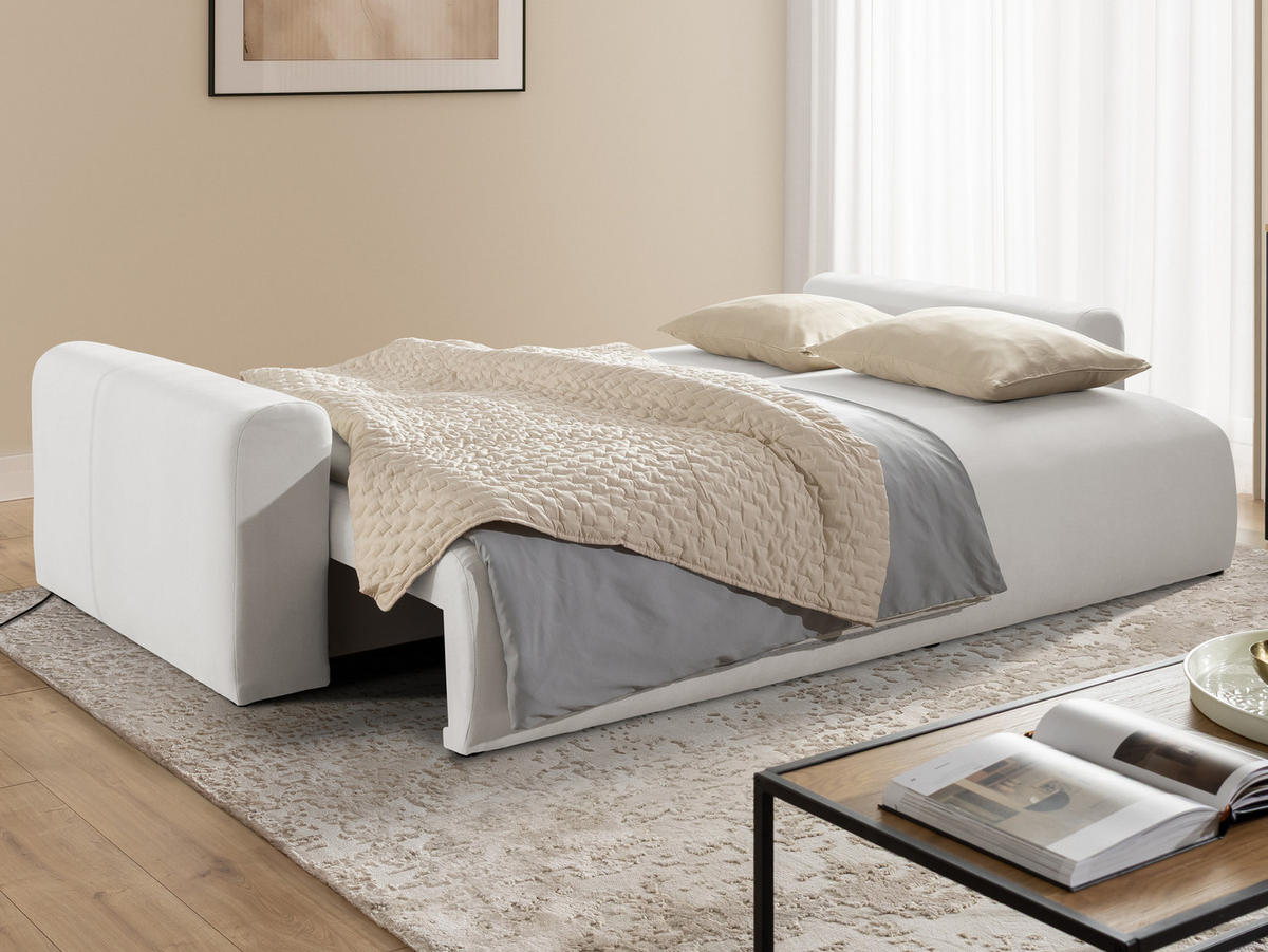 SCHLAFSOFA Calma mit Bettkasten im Bumpy-Design aus weichem Creme Webstoff - Creme/Schwarz, Holz/Kunststoff (239/88/98cm) - S-Style