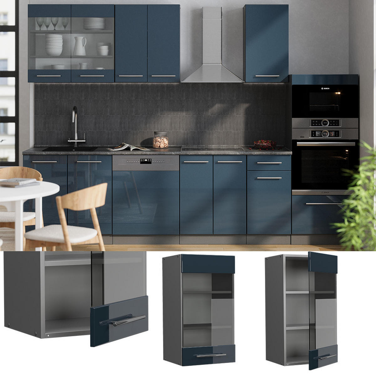 KÜCHENGLASSCHRANK Fame-Line Dunkelblau Hochglanz 40 cm - Anthrazit/Dunkelblau, Holzwerkstoff (40/72/34.1cm) - Vicco