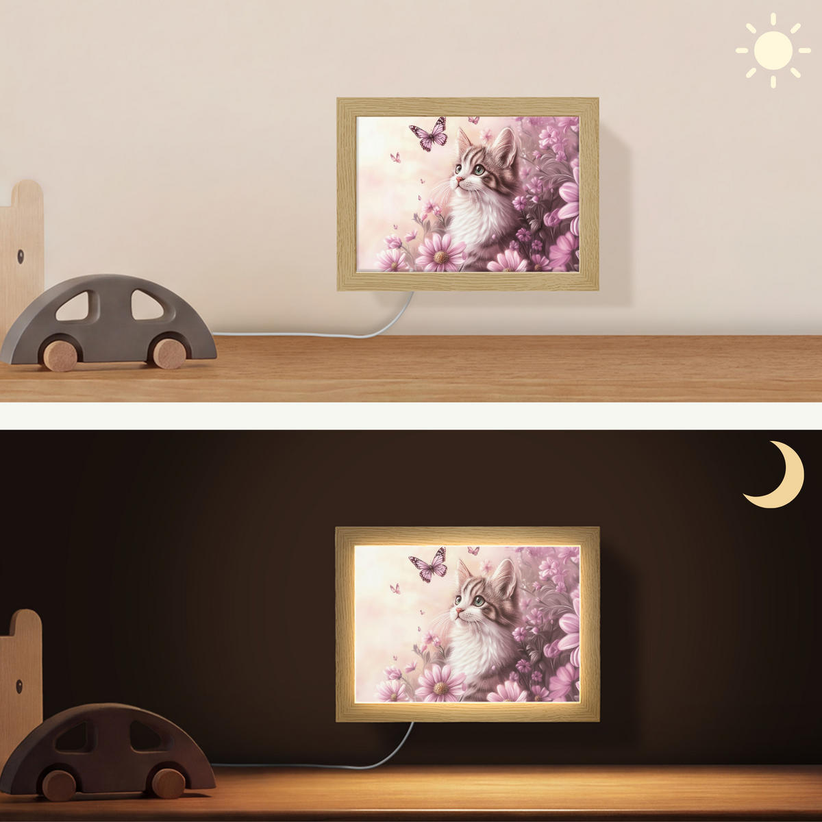 NÁSTĚNNÁ LAMPA Koťátko - Květiny - Motýli - Fialová 20x15 cm - starorůžová, kompozitní dřevo (20/15/8cm) - OnlyWow