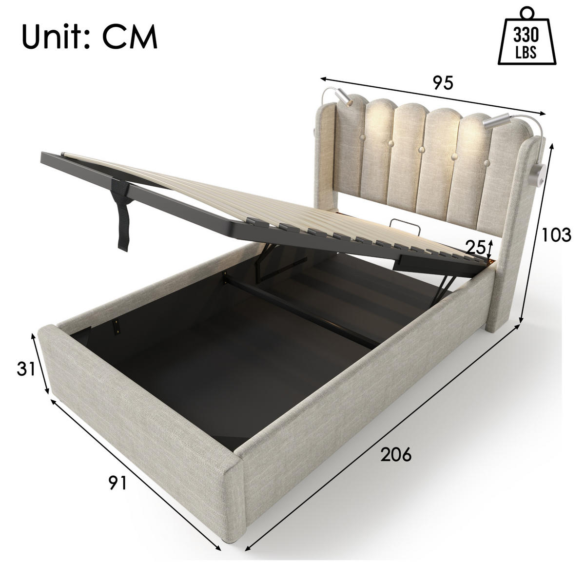 POLSTERBETT 90/200 cm mit hydraulischem Bettkasten, Leselicht & 2 USB-Anschluss, Natur - Naturfarben, Textil (90/200cm) - Redom