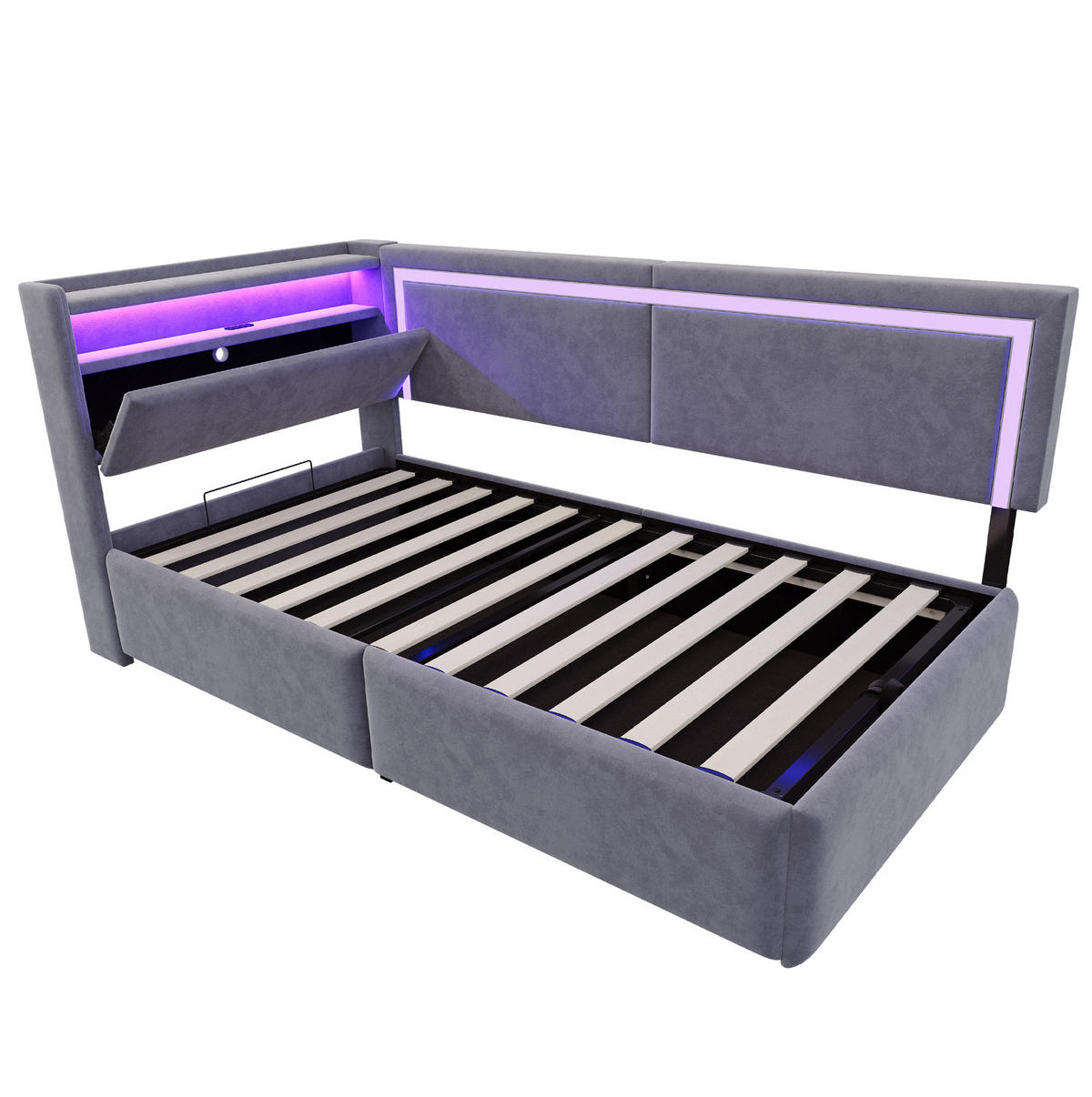 ČALÚNENÁ posteľ 90x200 cm zo zamatu sivá s LED osvetlením, USB portom a hydraulickým úložným priestorom - sivá, textil (90/200cm) - Modfu