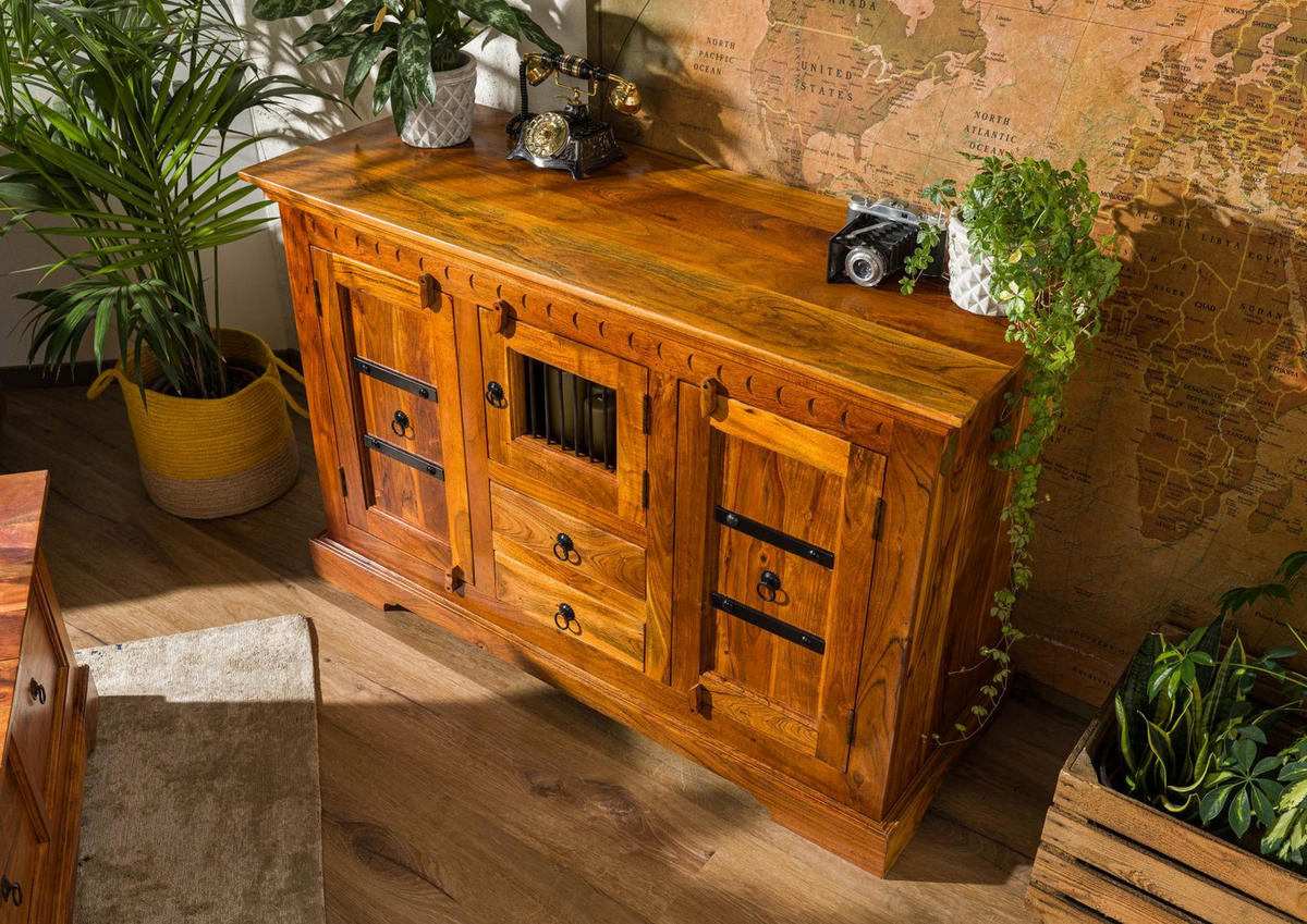 KOMMODE Akazie 130x50x85 honig lackiert OXFORD #0412 - Braun, Holz (130/85/50cm) - Massivmoebel24