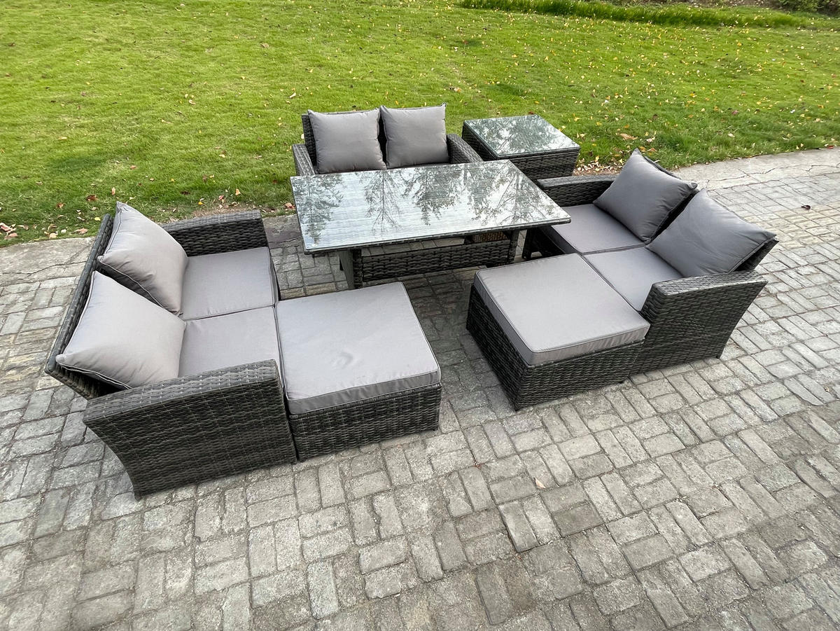 GARTENMÖBELSET mit Zweisitzer,2 Hockern,Esstisch,Beistelltisch Polyrattan Dunkelgrau 8-Sitzer - Dunkelgrau/Grau, Glas/Kunststoff - Fimous