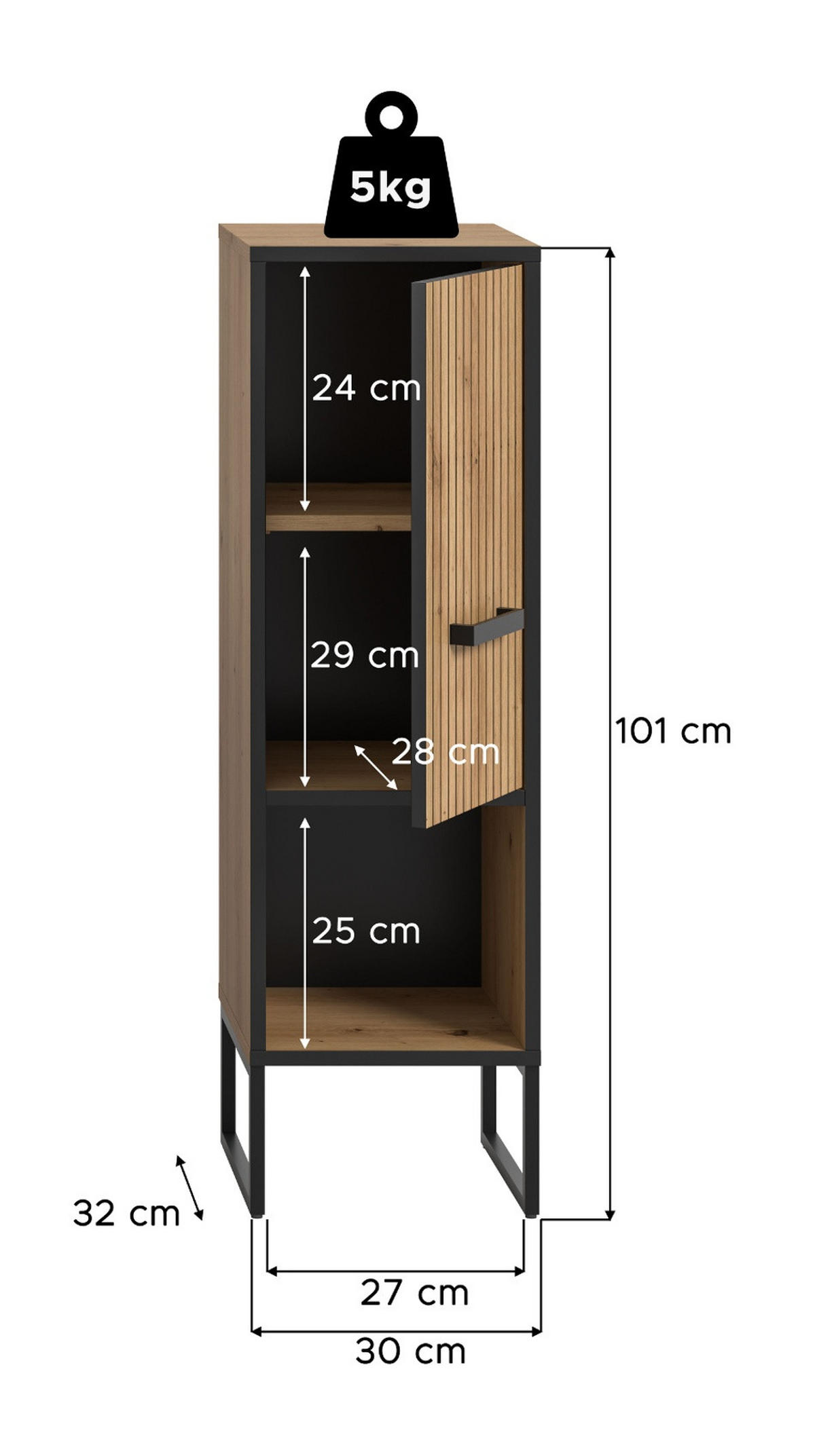 BADKOMMODE Eiche Artisan, schwarz 30 x 101 cm, Badezimmer Kommode mit Soft-Close - Schwarz/Eiche Artisan, Holzwerkstoff/Kunststoff (30/101/32cm) - Inn.Furn