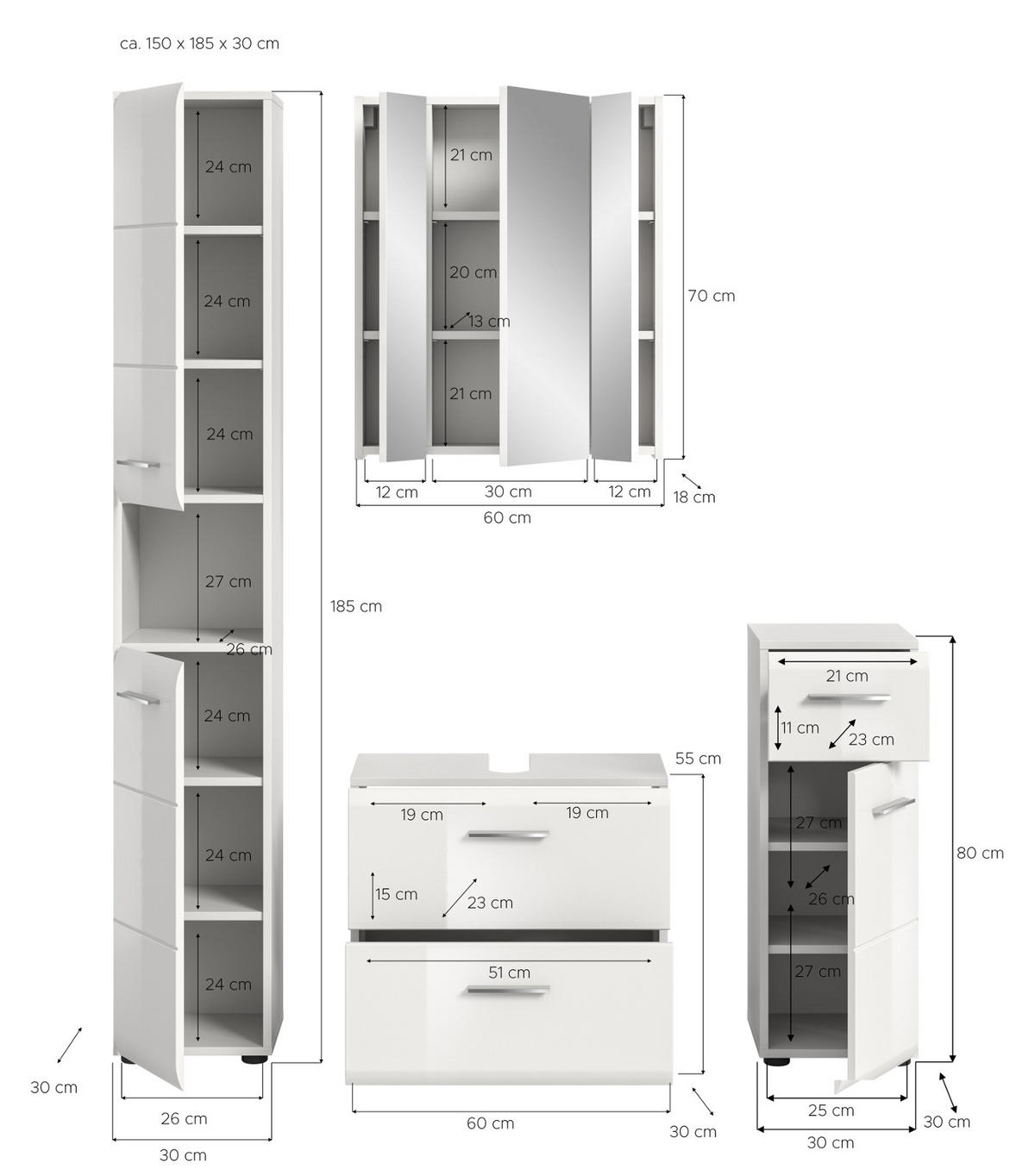 BADMÖBEL-SET 4-teilig in weiß Hochglanz Badkombination 150 x 185 cm Cover - Weiß Hochglanz/Silberfarben, Holzwerkstoff/Kunststoff (150/185/30cm) - Inn.Furn