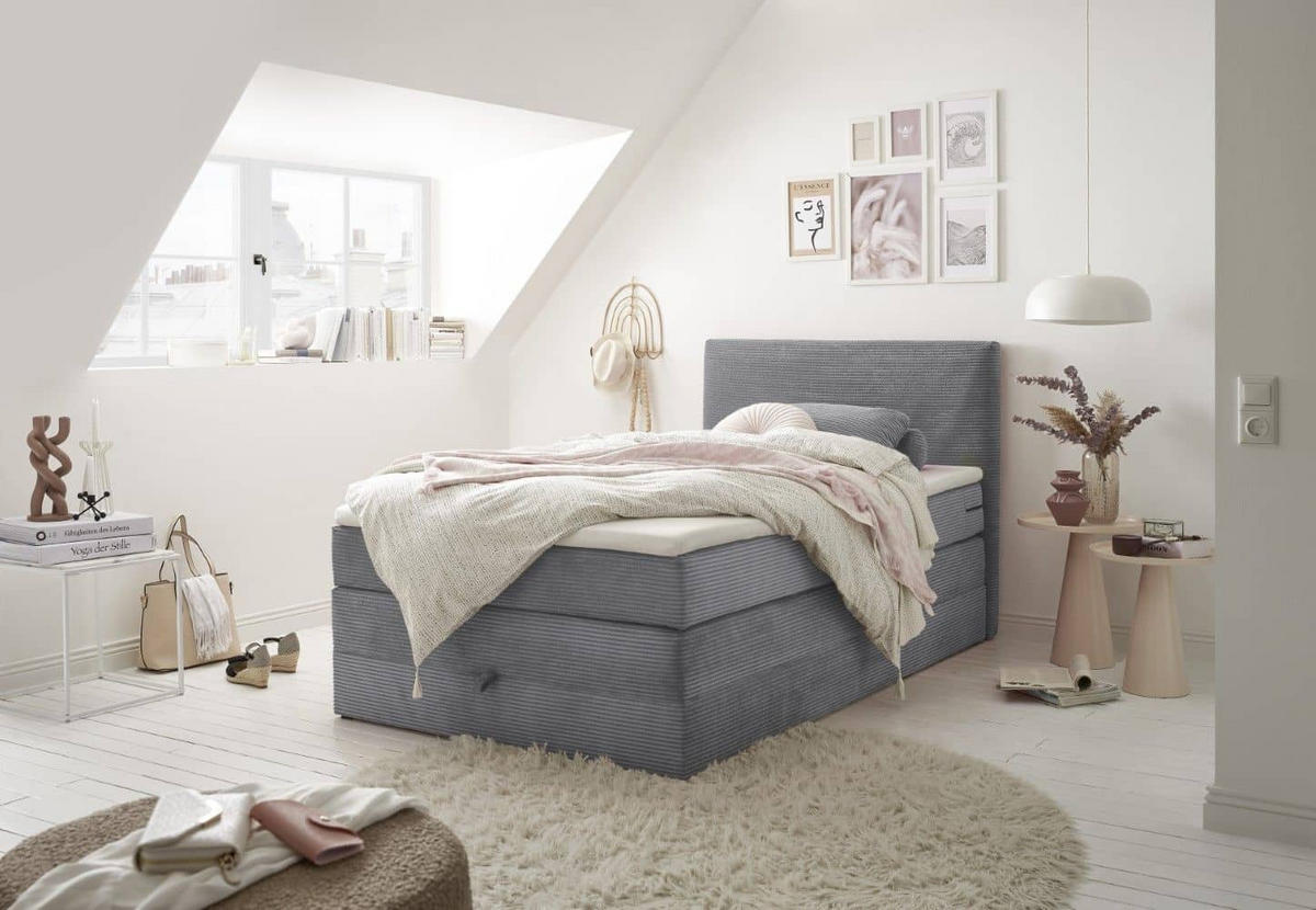 BOXSPRINGBETT 120/140x200 – Bettkasten, 7‑Zonen‑Tonnentaschenfederkern & Komfort‑T25‑Topper - Beige/Anthrazit, Holz/Holzwerkstoff (120/200cm) - ed exciting design