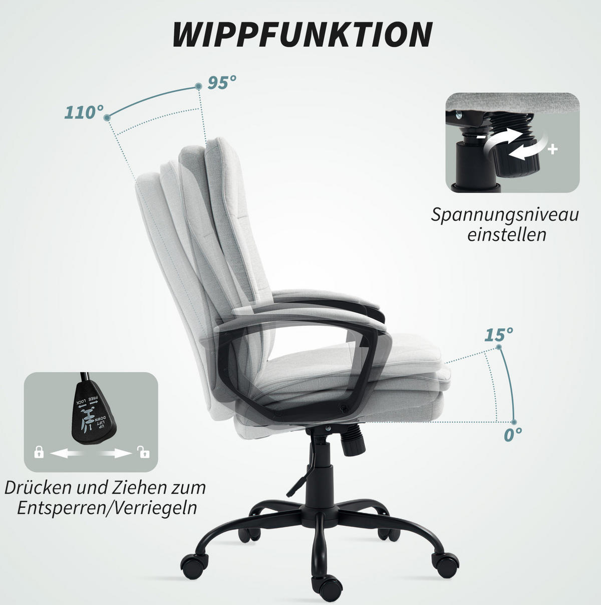 BÜROSTUHL in Grau 63x70x112 cm mit verstellbarer Sitzhöhe und Wippfunktion - Grau, Textil (70/112/63cm) - IVMEU