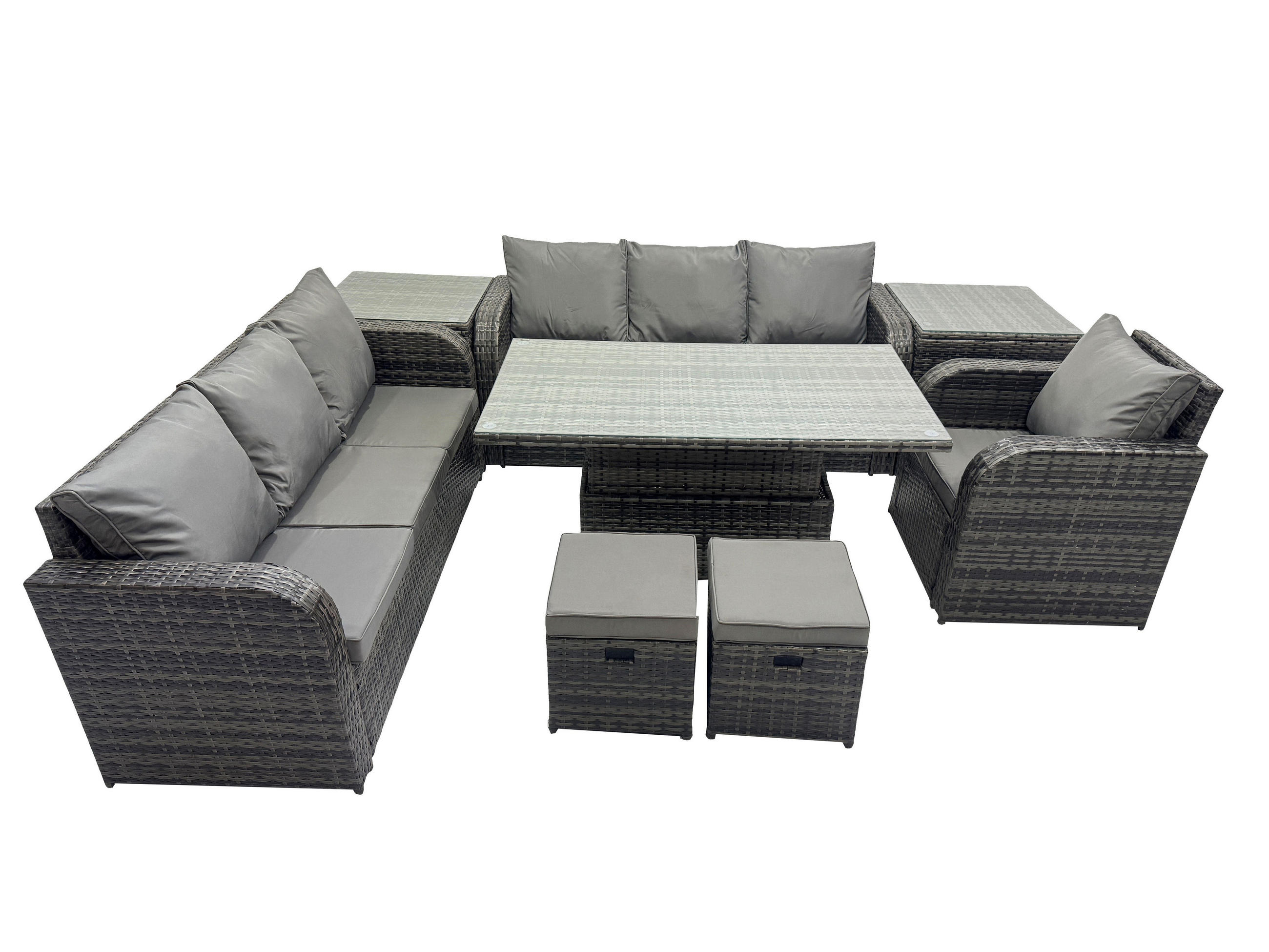 GARTENMÖBELSET mit 2 Hocker Höhenverstellbarer Esstisch 9-Sitzer Grau - Dunkelgrau/Grau, Glas/Kunststoff - Fimous