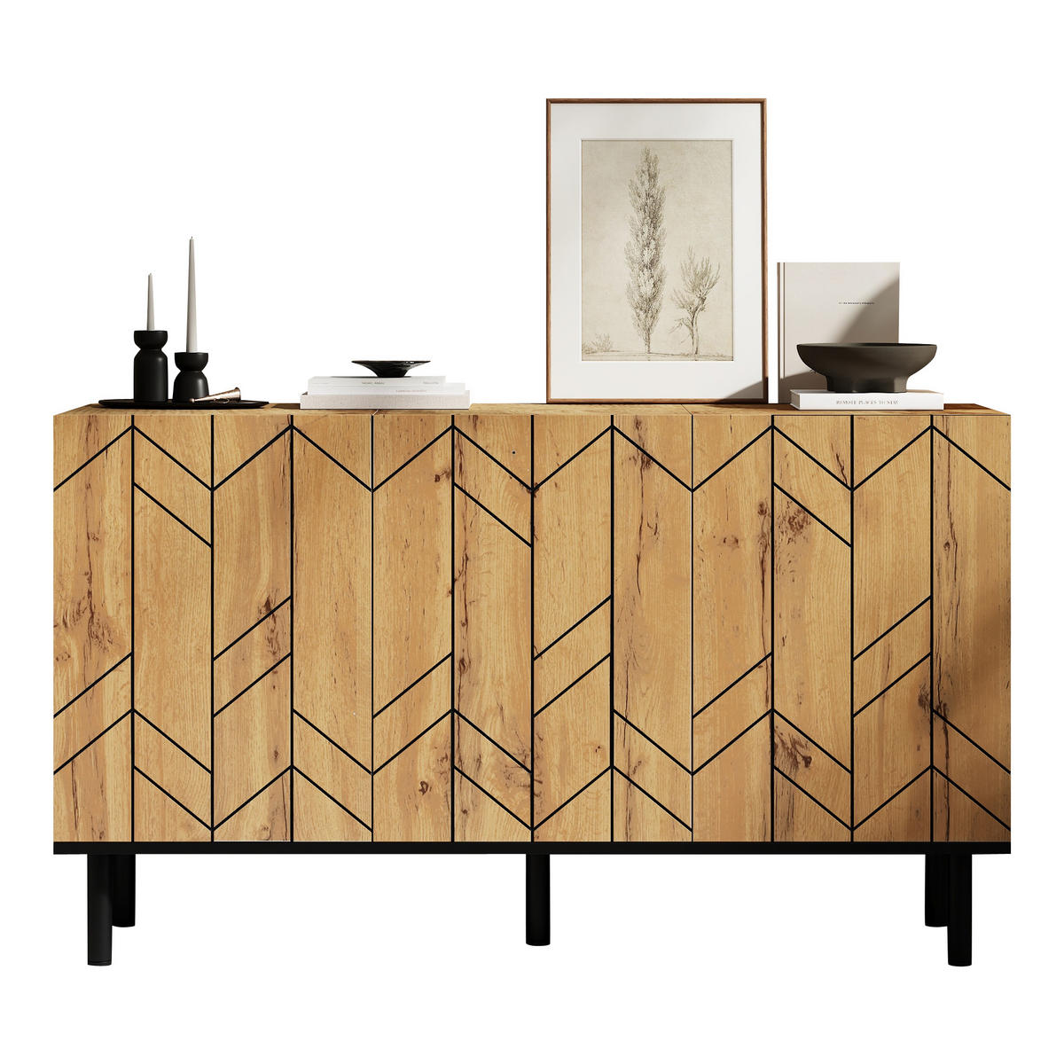 BUFLET 120cm cu Wellenmuster-Optik & 3 Türen - culoare naturală, compozit lemnos (120/70/35cm) - Urban Meuble