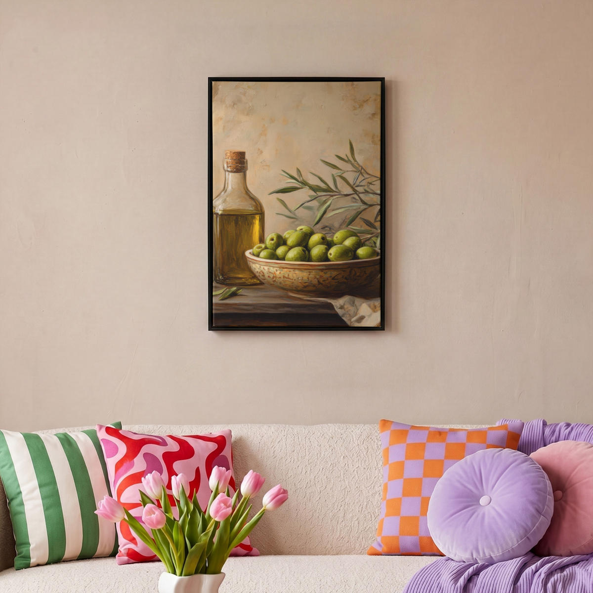 LEINWAND Bilder mit Rahmen - Oliven - Stilleben - Vintage - 40x60 - Olivgrün, Textil (40/60cm) - MuchoWow