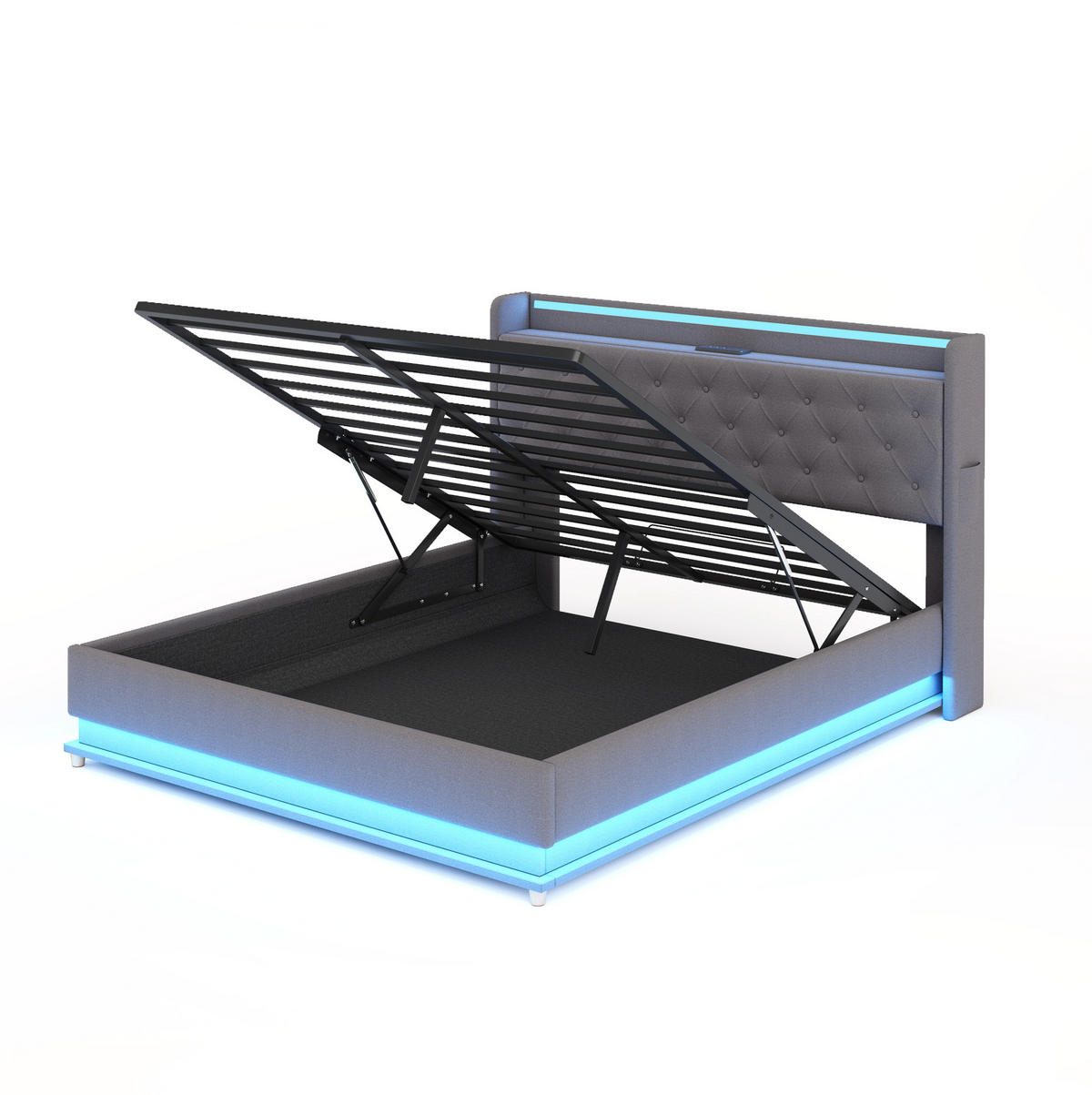 POLSTERBETT 140/200 cm grau mit LED-Beleuchtung und USB-Ladeanschluss - Grau, Textil (140/200cm) - OKWISH