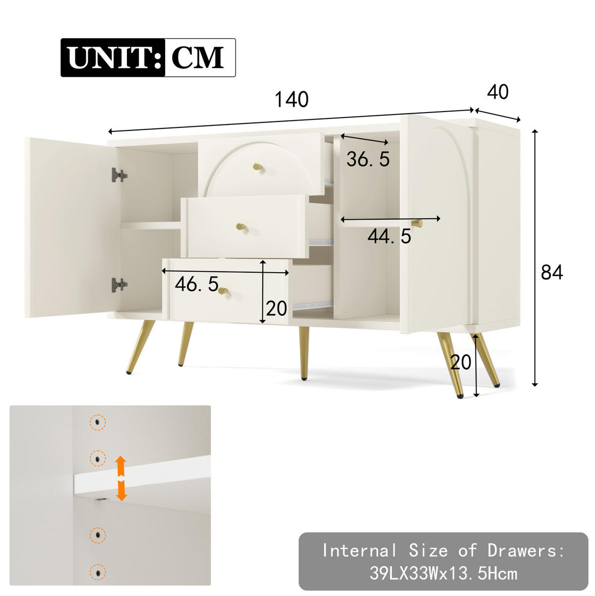 KOMMODE aus Spanplatte 140x40x84 cm Creme-Weiß mit 3 Schubladen und verstellbaren Fachböden - Weiß, Holzwerkstoff (40/84/140cm) - IVMEU