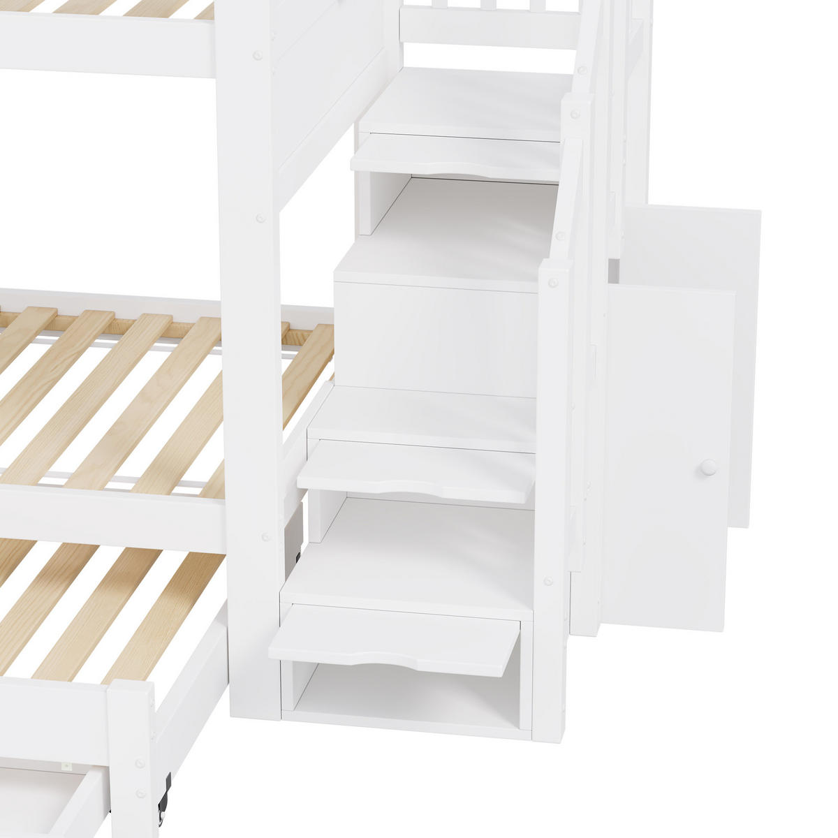 ETAGENBETT aus MDF und Kiefer 90x200 cm Weiß mit Ausziehbett, Stauraumtreppe und Kleiderschrank - Weiß, Holzwerkstoff (90/200cm) - Modfu