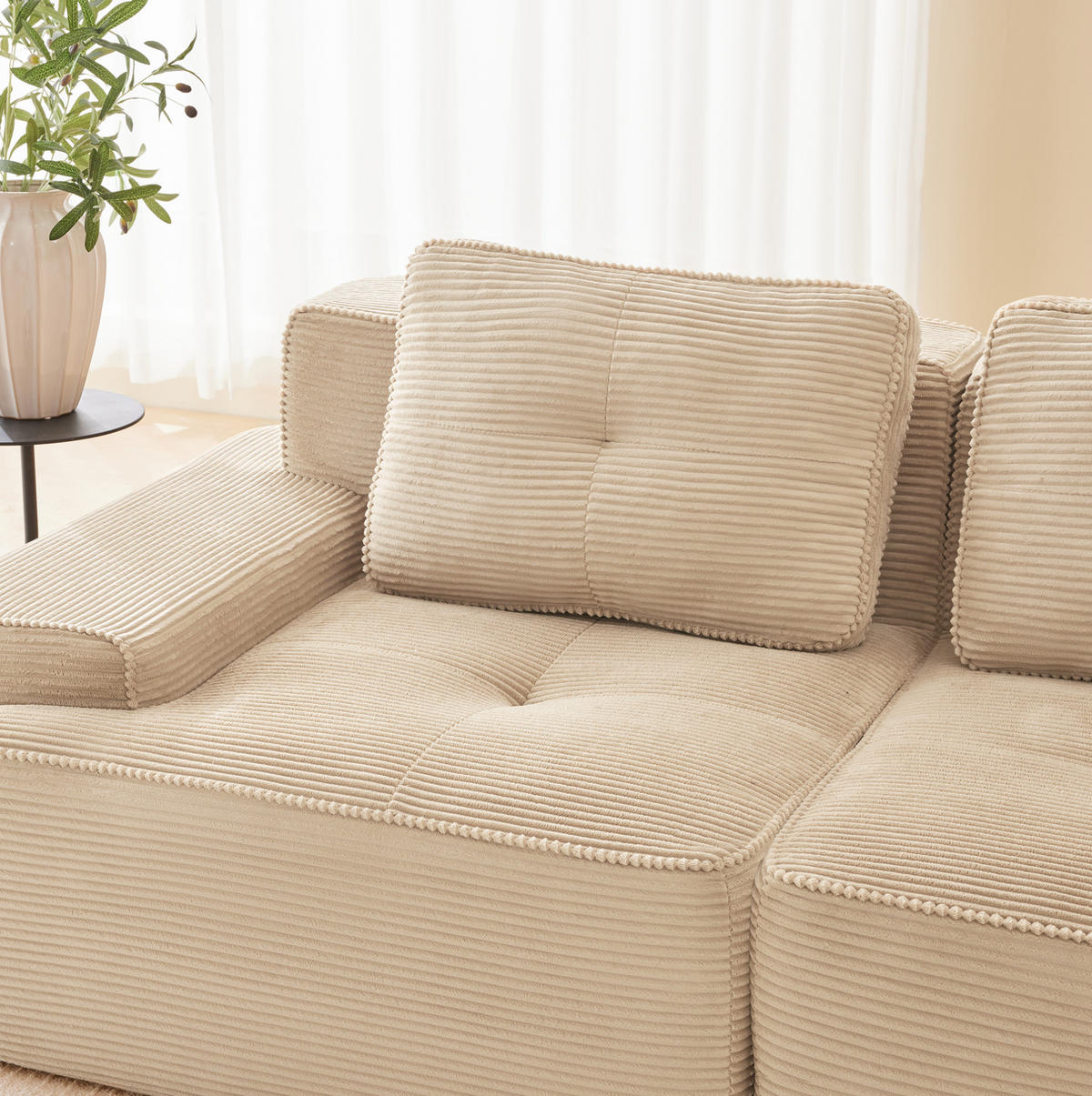 ECKSOFA 293/177/69 cm beige aus Cord mit Tiefsitz, Ottomane und montagefreiem Design - Beige, Textil (177/293cm) - OKWISH