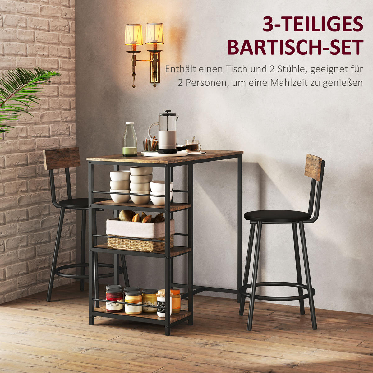 BARTISCH mit Barhocker Set, 3-tlg. Bartisch-Set mit Küchentisch, 2 Barstühlen - Naturfarben, Metall (50/90.5/90cm) - HOMCOM