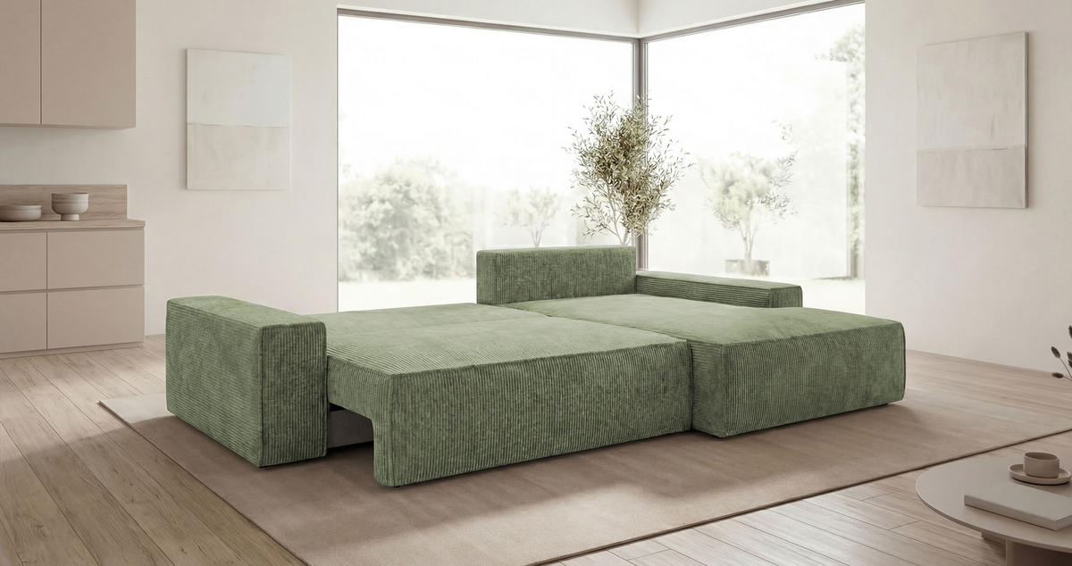 ECKSOFA VERONA rechts hellgrün Cord Poso 47 - Schlaffunktion, Bettkasten - Hellgrün, Textil (280/184cm) - Cornero