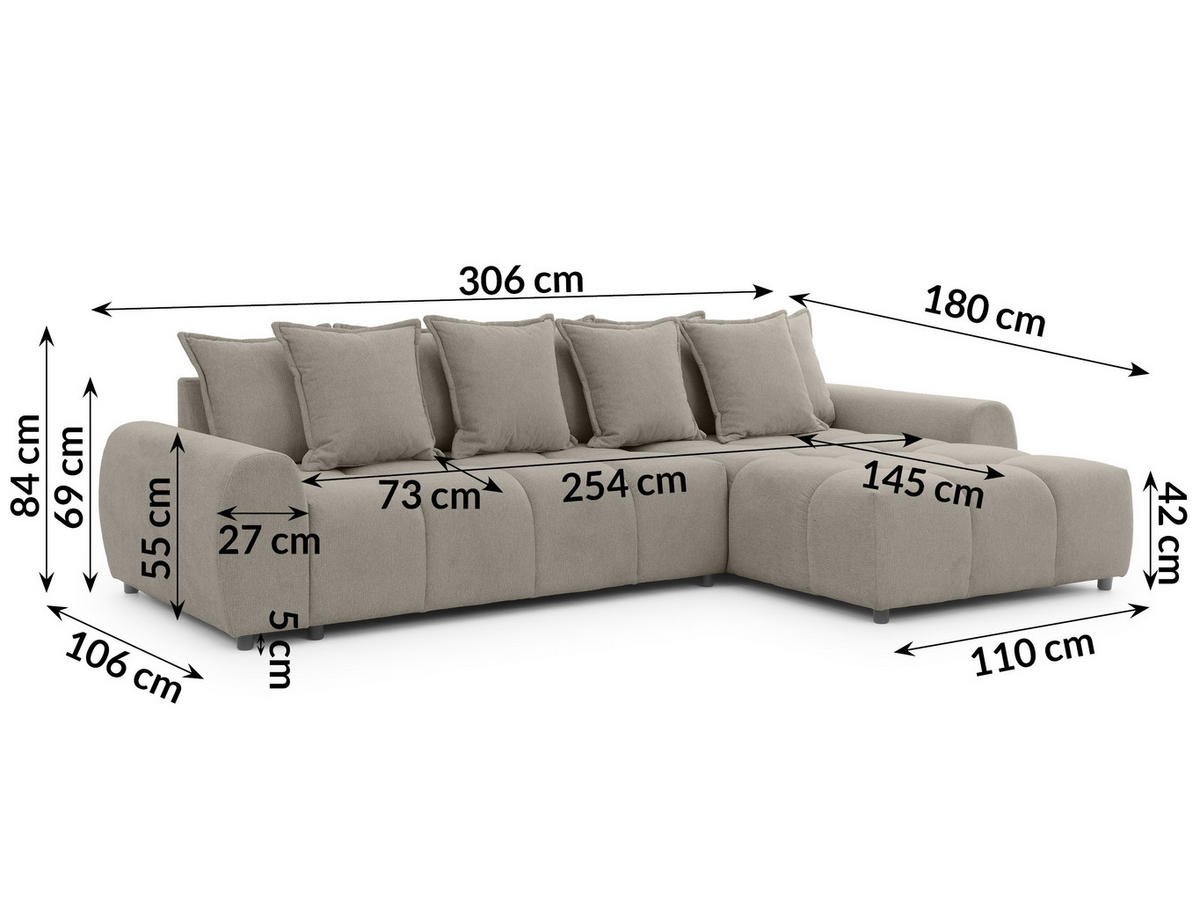 ECKSOFA inkl. Hocker Bubble mit Schlaffunktion und losen Rückenkissen, Sitzfläche Bubble-Optik aus weichem Taupe Strukturstoff - Ottomane Rechts - Taupe/Schwarz, Holz/Kunststoff (306/180cm) - S-Style Möbel